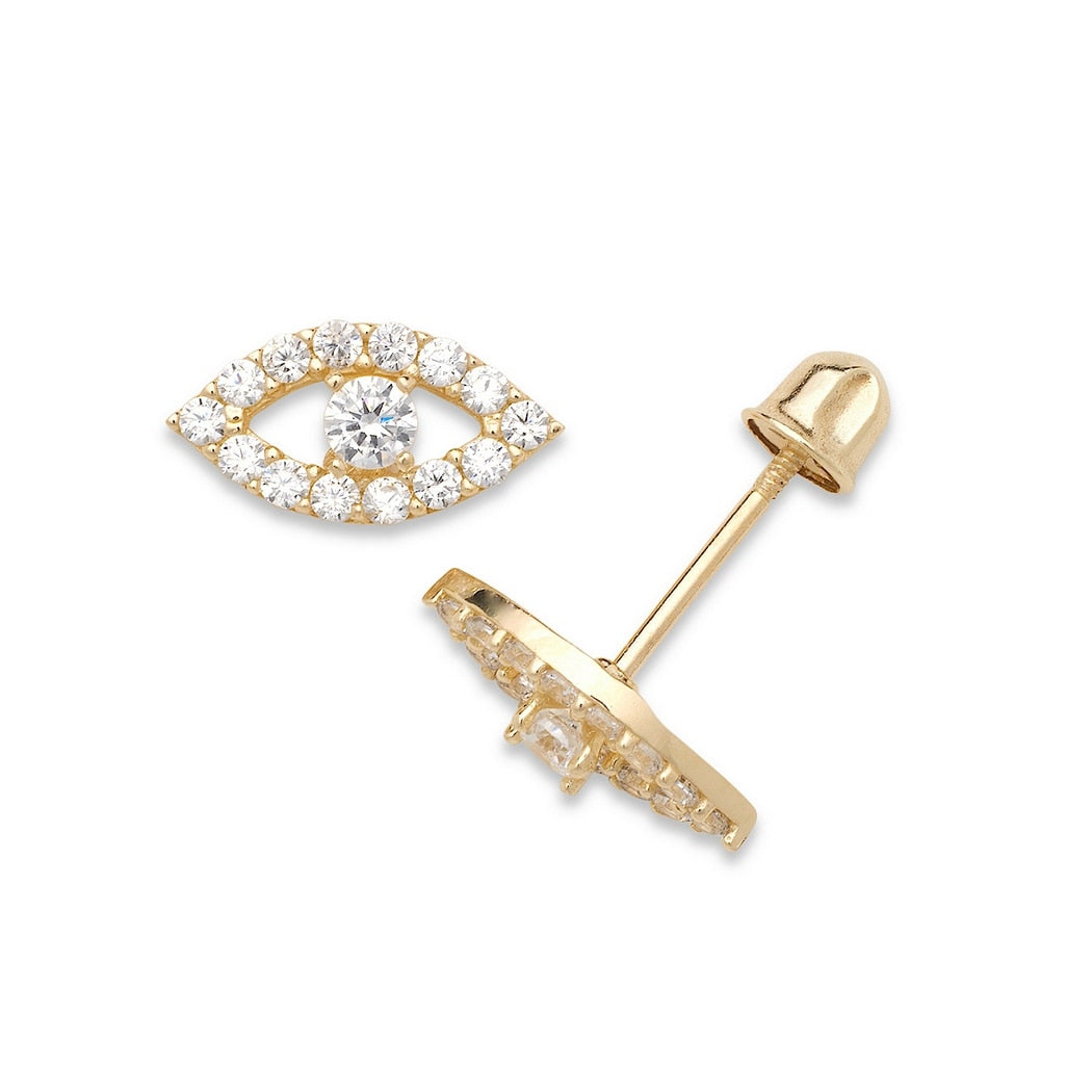 Curata Solid 14K Yellow Gold Clear Or Blue Cubic Zirconia Protection Evil Eye Post Screw Back Stud 10Mm X 5Mm 10Mmx5Mm