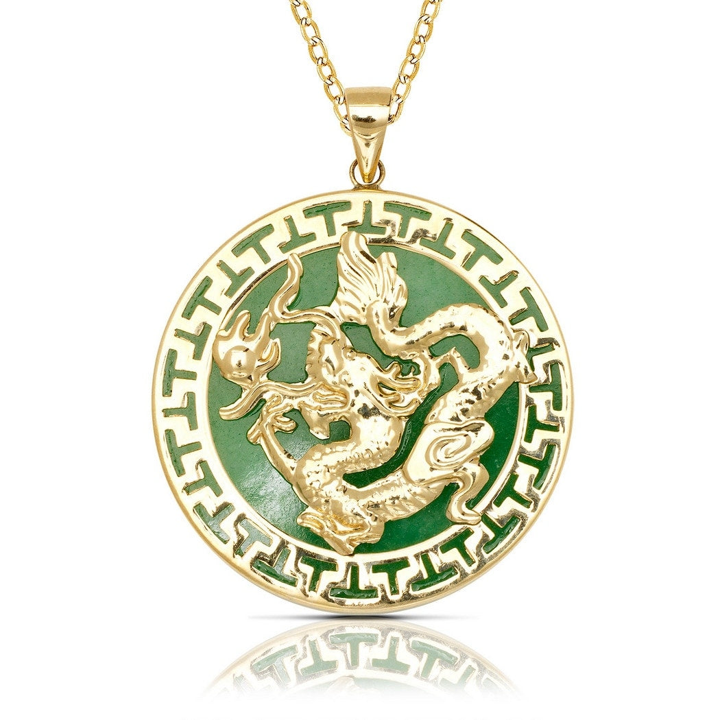 14K Yellow Gold 16 Inch Green Jade Large Dragon Circle Pendant Necklace 26Mm X 32Mm