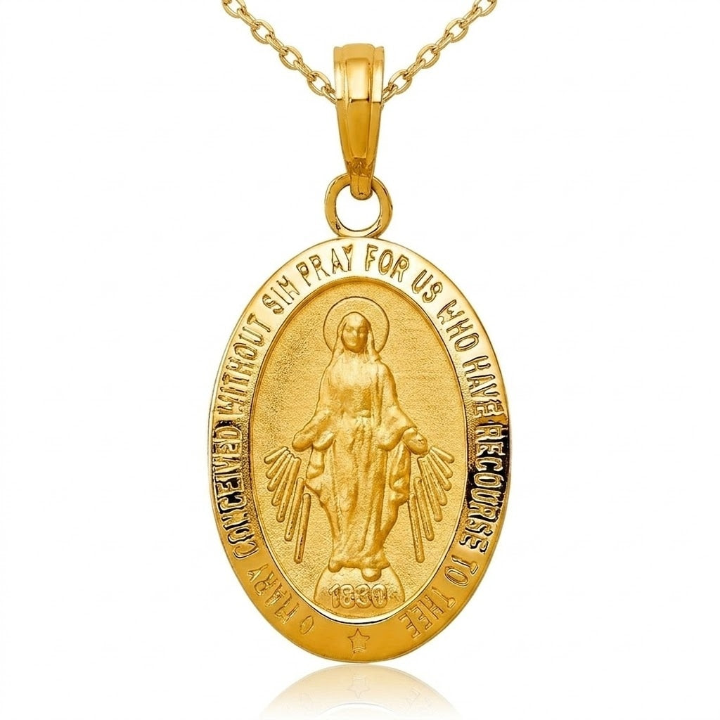 Curata 14K Yellow Gold 18 Satin Small Miraculous Medal Necklace 19X13Mm