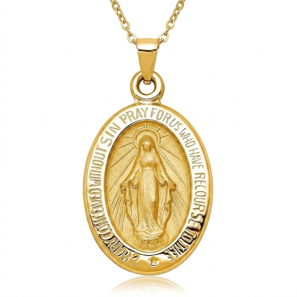 Curata 14K Yellow Gold 18 Small Satin Miraculous Medal Necklace 23X12Mm