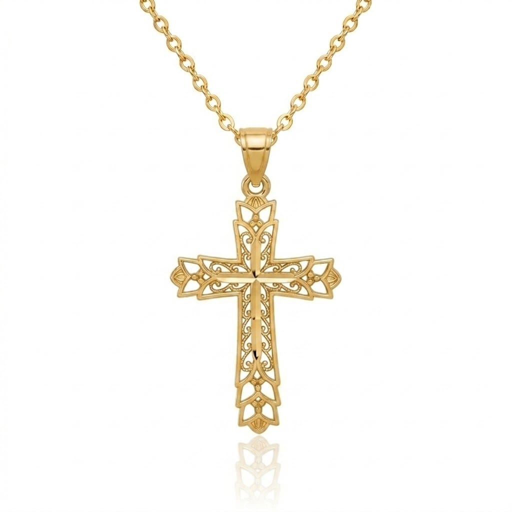 Curata 14K Yellow Gold 18 Filigree Squared Cross Pendant Necklace 18X30Mm