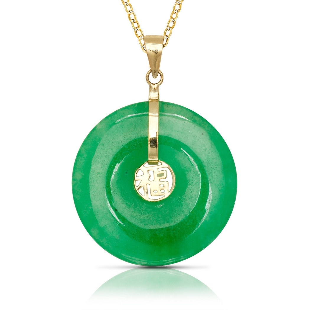 Curata 14K Yellow Gold 18 Green Jade Circle Pendant Necklace 20Mm X 30Mm