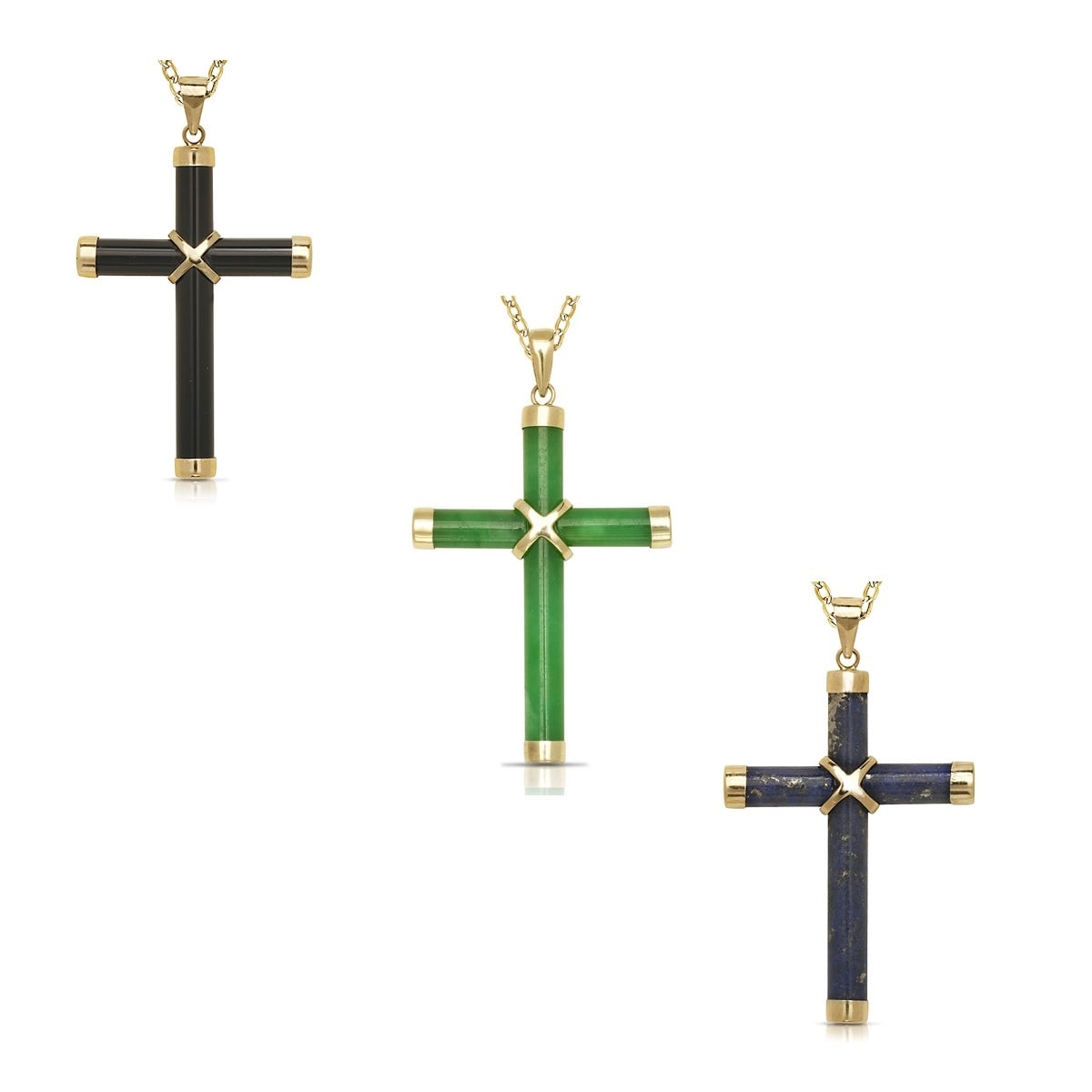 Curata 14K Yellow Gold 18 Green Jade Onyx Or Lapis Cross Pendant Necklace 20Mm X 35Mm