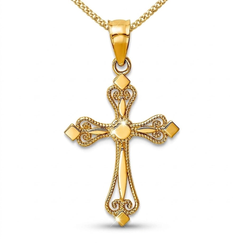 Curata 14K Yellow Gold 18 Ornate Small Cross Pendant Necklace 21X14Mm