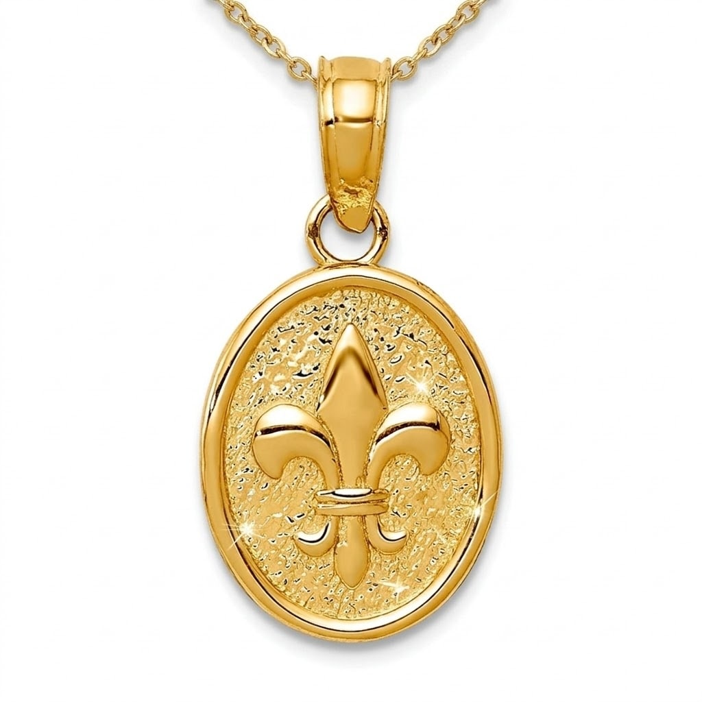 Curata 14K Yellow Gold Polished Small Fleur De Lis In Oval Pendant