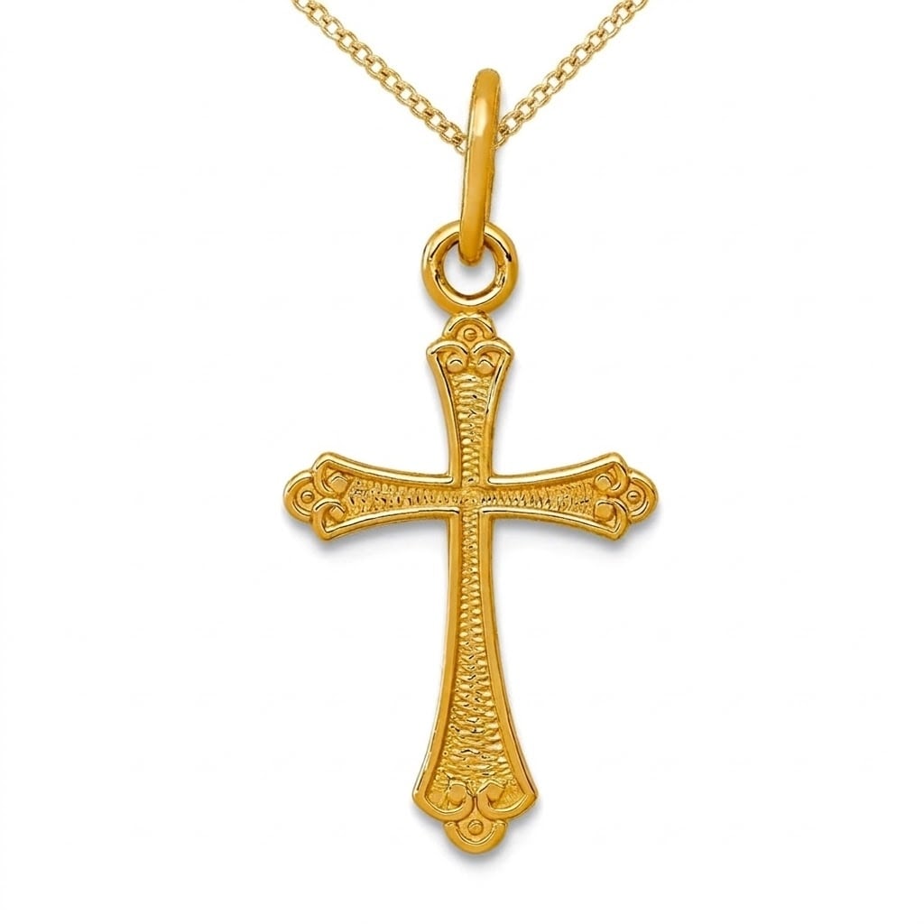 Curata 14K Yellow Gold 18 Small Textured Budded Cross Pendant Necklace 22X11.5Mm