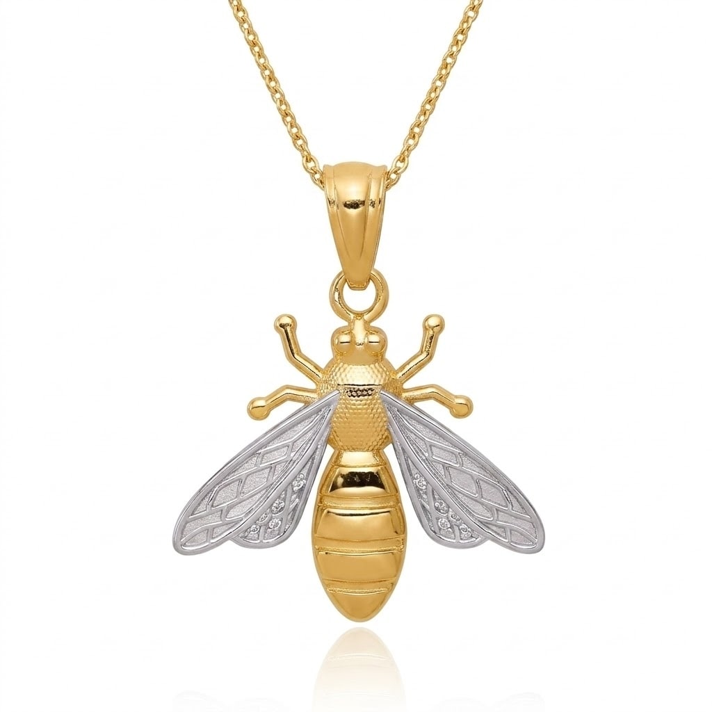 Curata 14K Yellow Gold 18 With Rhodium Bee Pendant Necklace 20X15Mm