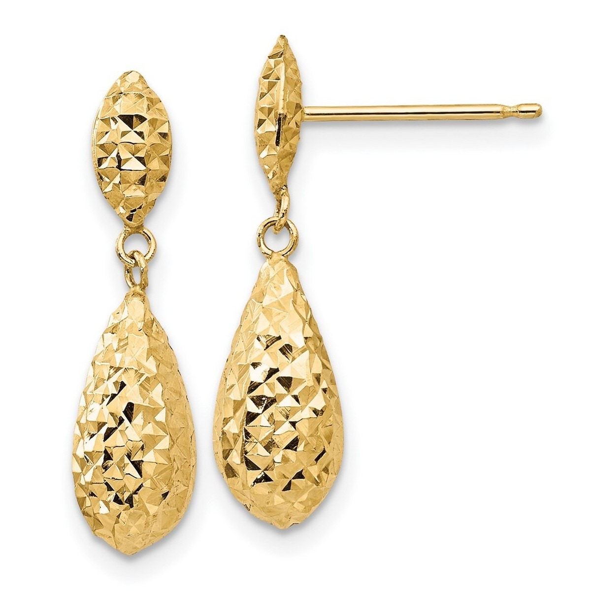 Curata 14K Yellow Gold Polished Post Earrings Sparkle Cut Puff Teardrop Dangle Earrings