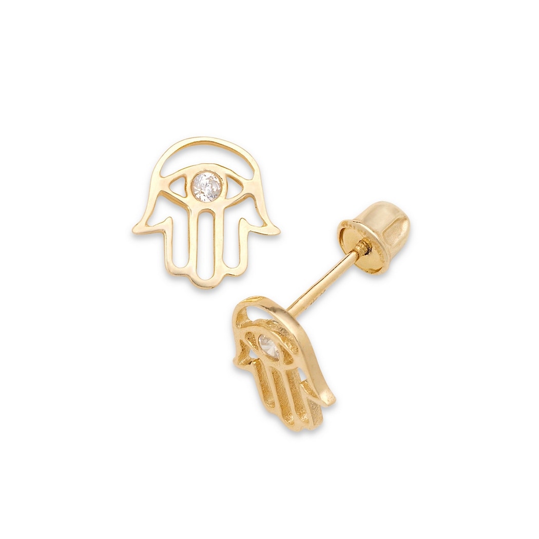 Curata Solid 14K Yellow Gold Cubic Zirconia Protection Hamsa Hand Of God Post Screw Back Stud Earrings For Girls 8Mm