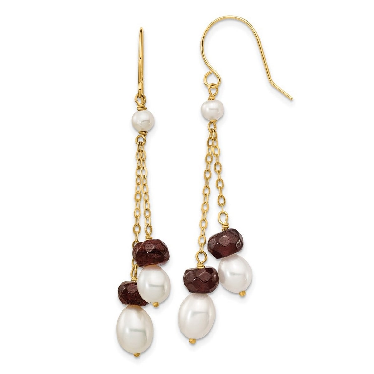 Curata 14K Yellow Gold Freshwater Cultured Pearl And Garnet Double Chain Drop Hook Earrings 6X51Mm