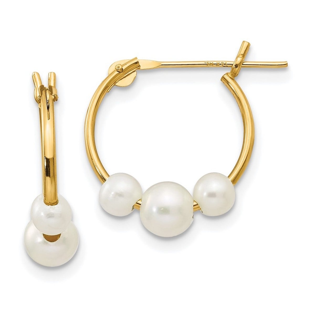 Curata 14K Yellow Gold Freshwater Triple Pearl Hoop Earrings 3 4Mm White