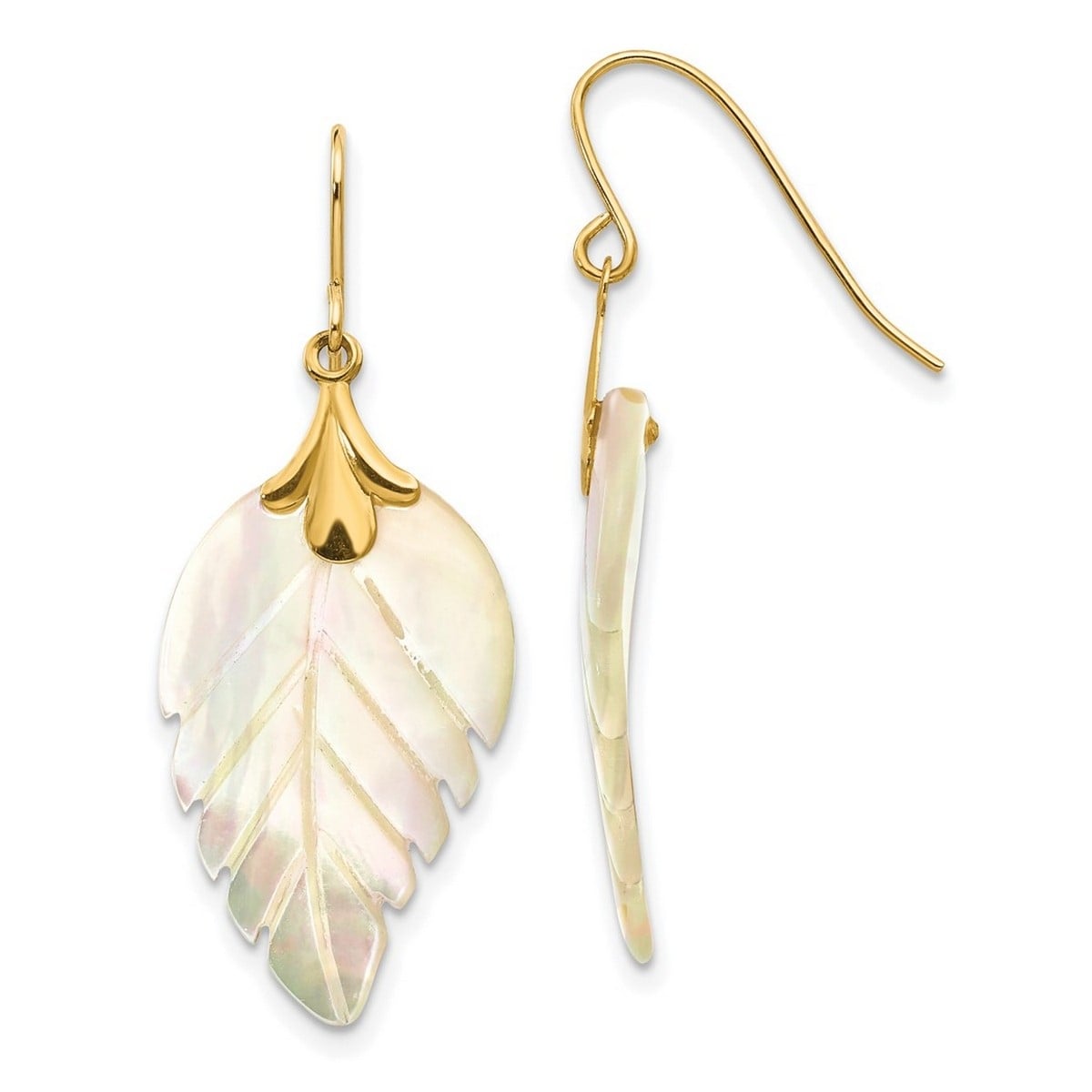 Curata 14K Yellow Gold Polished Shepherd Hook Simulated Mother Of Pearl Leaf Dangle Earrings Measures 32X12Mm