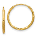Curata 14K Yellow Gold Satin Polished Hollow Tube 1.25Mm Sparkle Cut Endless Hoop Earrings