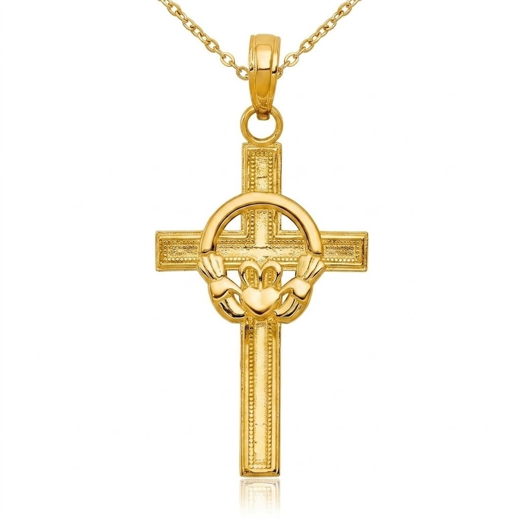 Curata 14K Yellow Gold Solid Satin Flat Back Sparkle Cut Not Engraveable Irish Claddagh Celtic Trinity Knot Religious Faith Cros