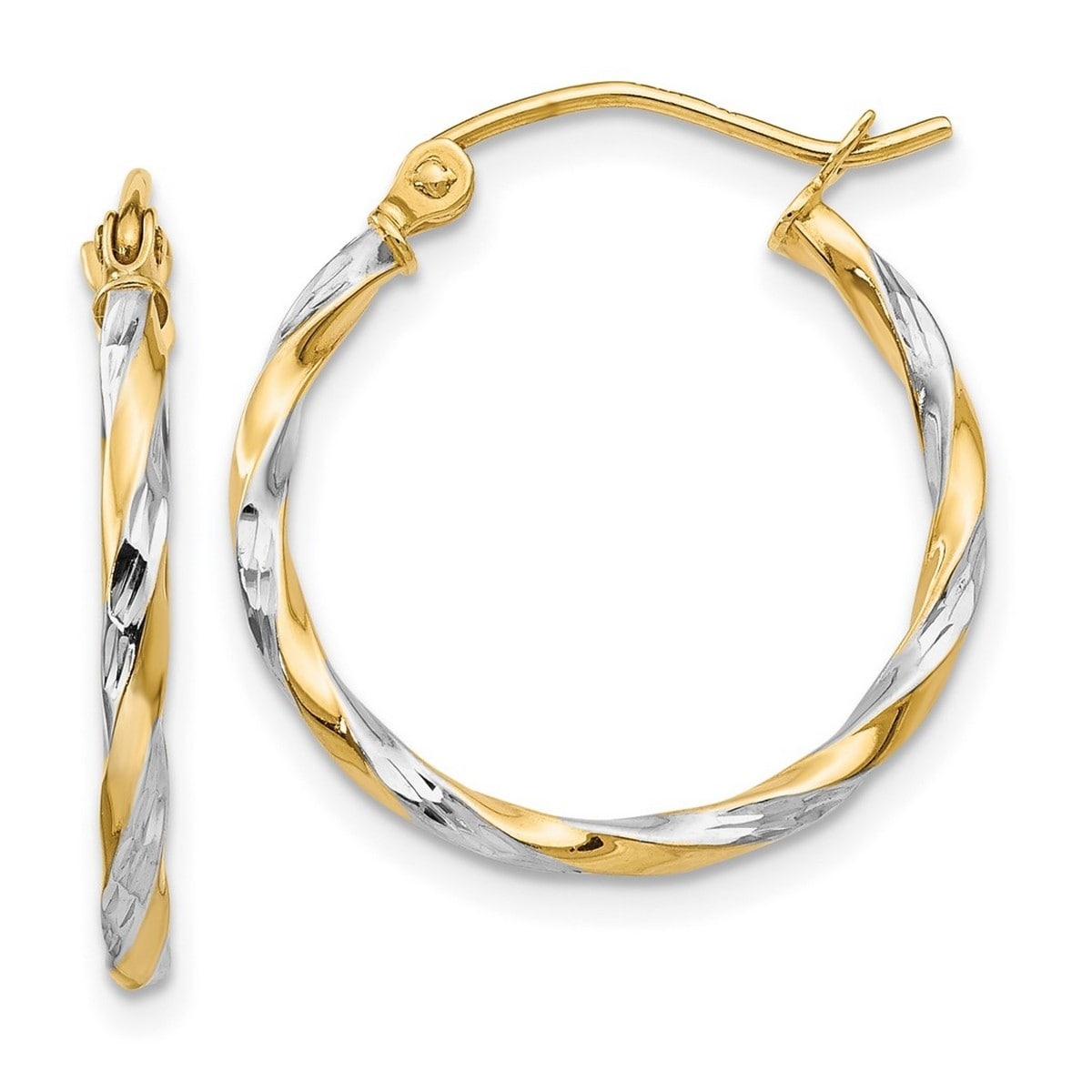 Curata 14K Yellow Gold Hinged Post And Rhodium Hollow Twisted Hoop Earrings