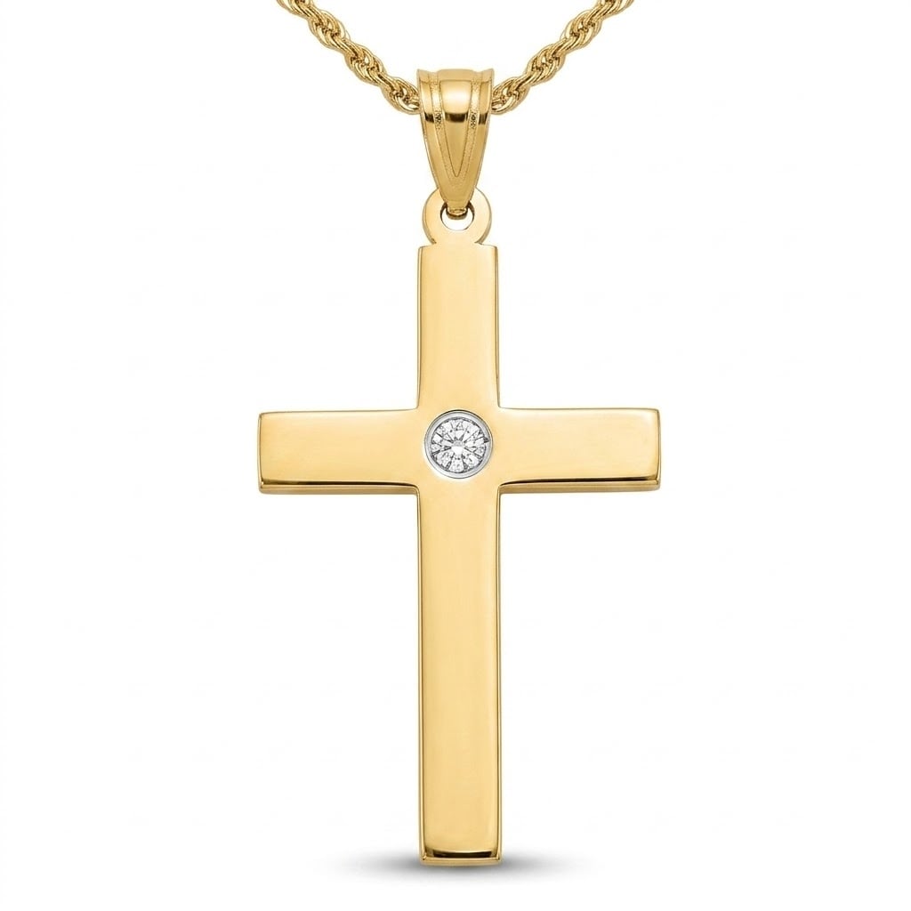 Curata 14K Yellow Gold Solid Prong Set Flat Back Polished Back Polished .02Ct. Diamond Cross Pendant