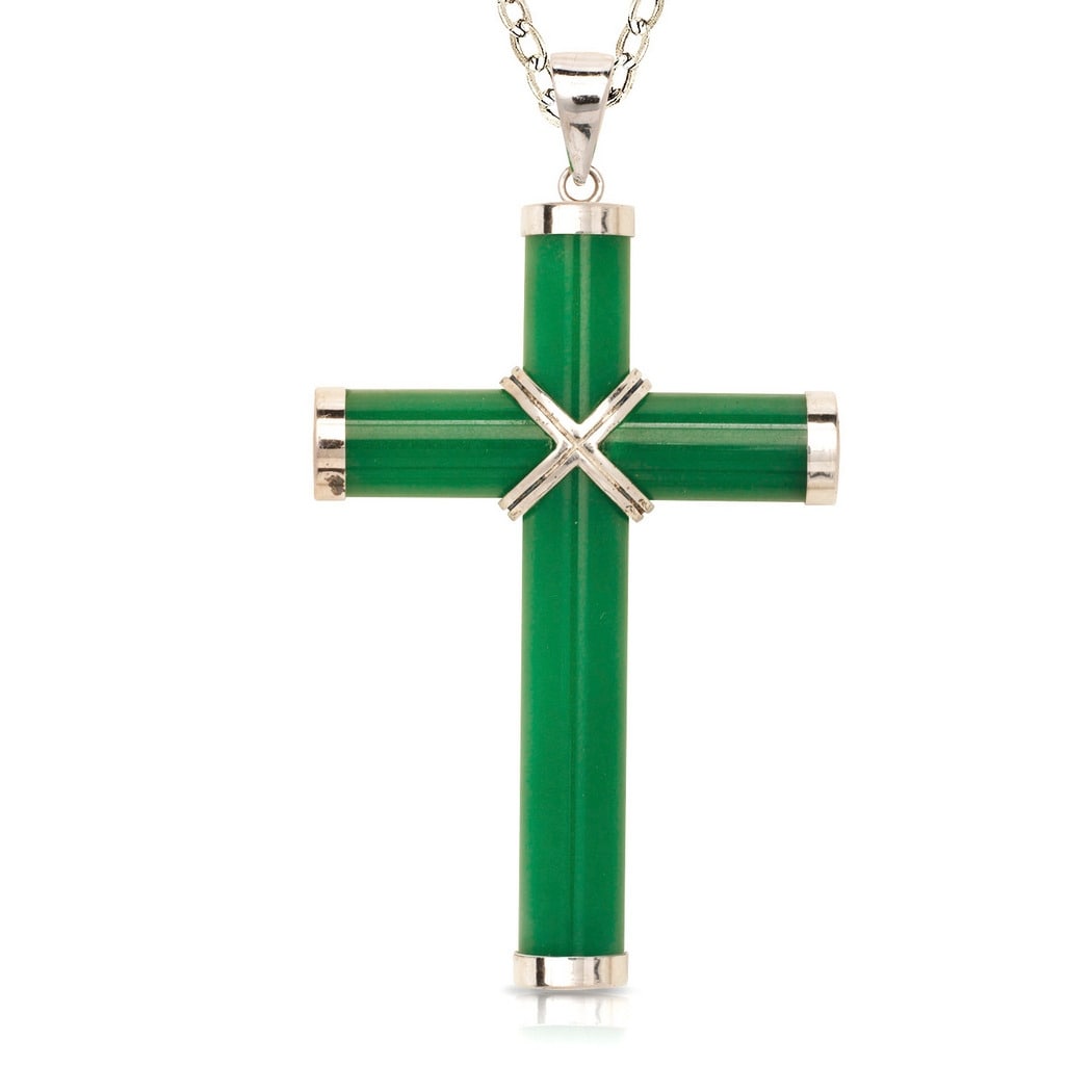 Curata 925 Sterling Silver 18 Mens Extra Large Green Jade Cross Necklace 35Mm X 60Mm