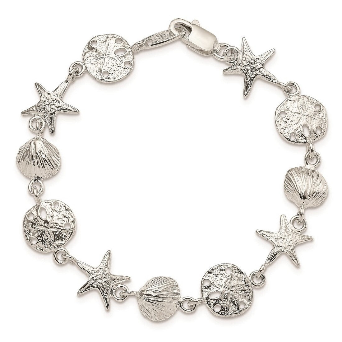 Curata 925 Sterling Silver 7 Seashell Starfish Sand Dollar Summer Bracelet White