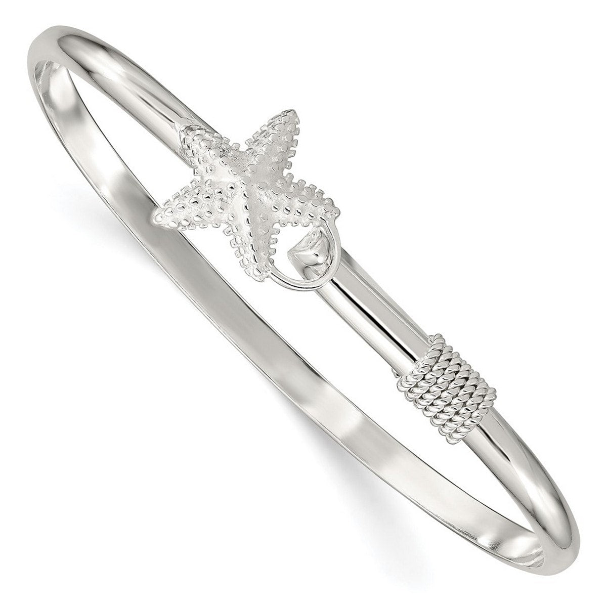 Curata 925 Sterling Silver 7 Textured Nautical Starfish Hook Bangle Bracelet