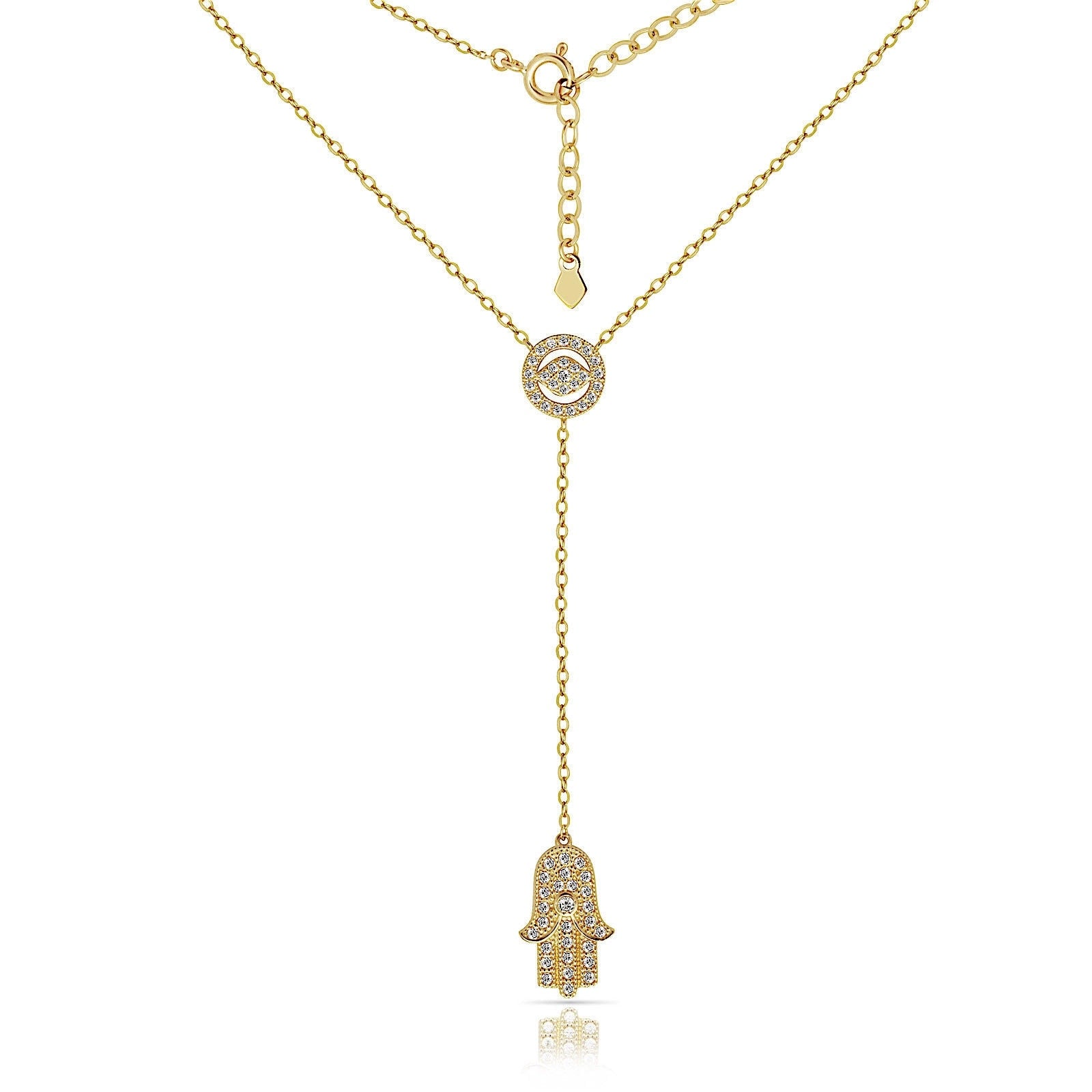 Curata Solid 14K Gold 18 Inch Cubic Zirconia Evil Eye And Hamsa Lariat Necklace Yellow Or White