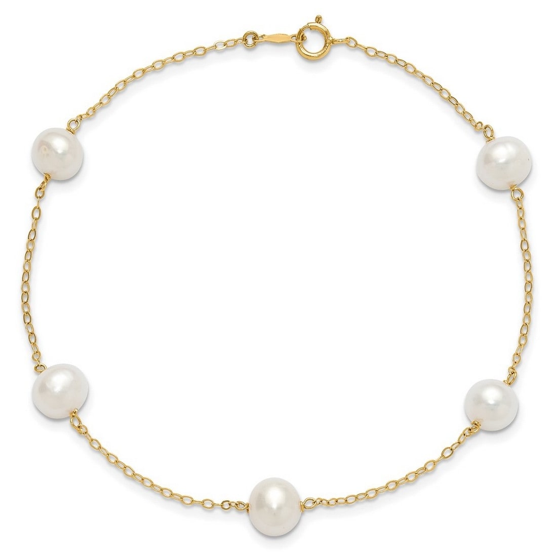 Curata Solid 14K Yellow Gold 9 Or 10 7 8Mm Freshwater Cultured Pearl 5 Station Anklet