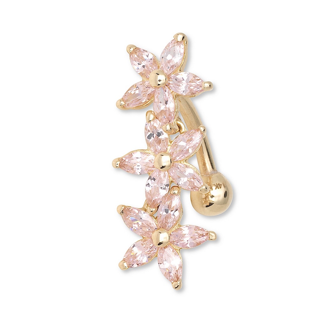 Curata Solid 14K Yellow Or White Gold Pink Marquise Cubic Zirconia Flower Top Mount Belly Button Ring Dangle 7Mm X 24Mm
