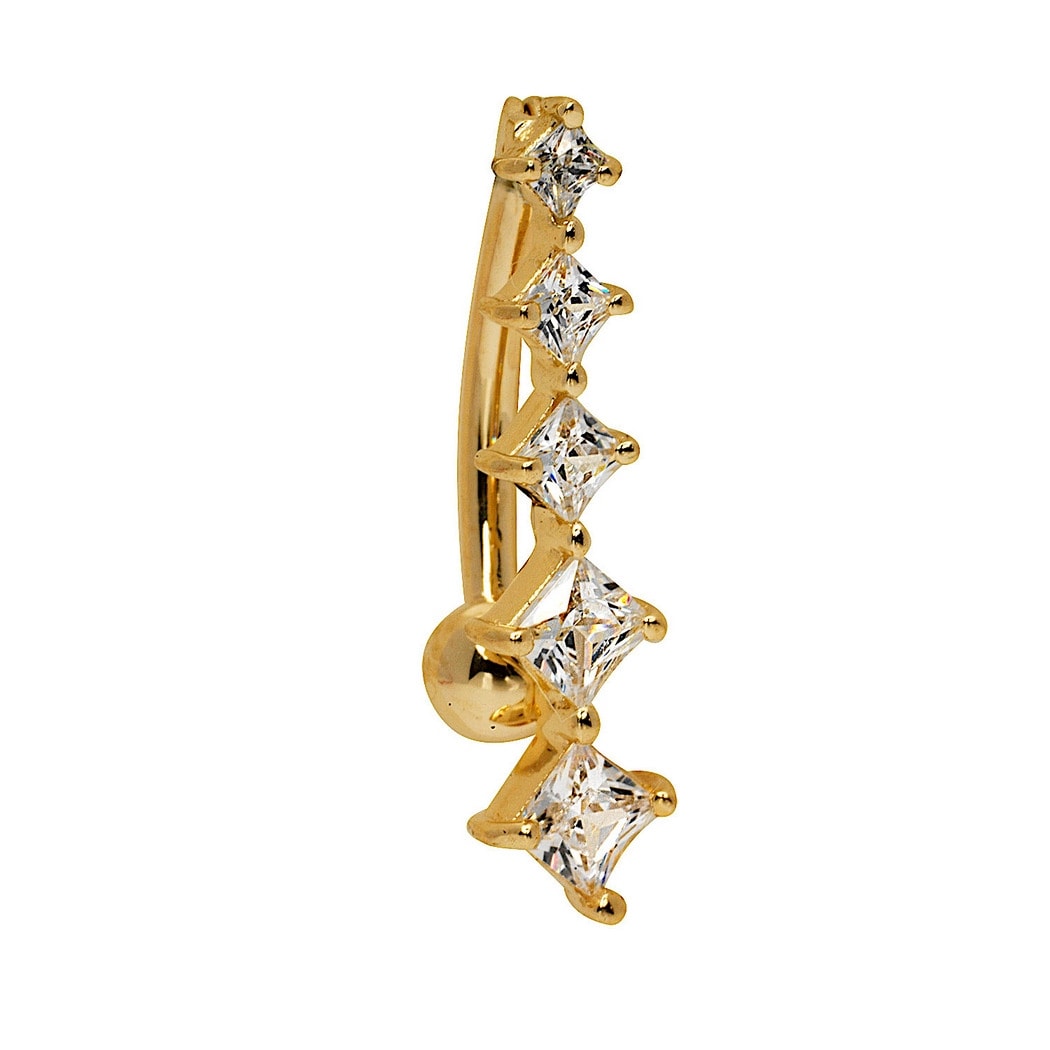 Curata Solid 14K Yellow Or White Gold Princess Square Cubic Zirconia Bar Top Mount Belly Button Ring Dangle 4Mm X 20Mm