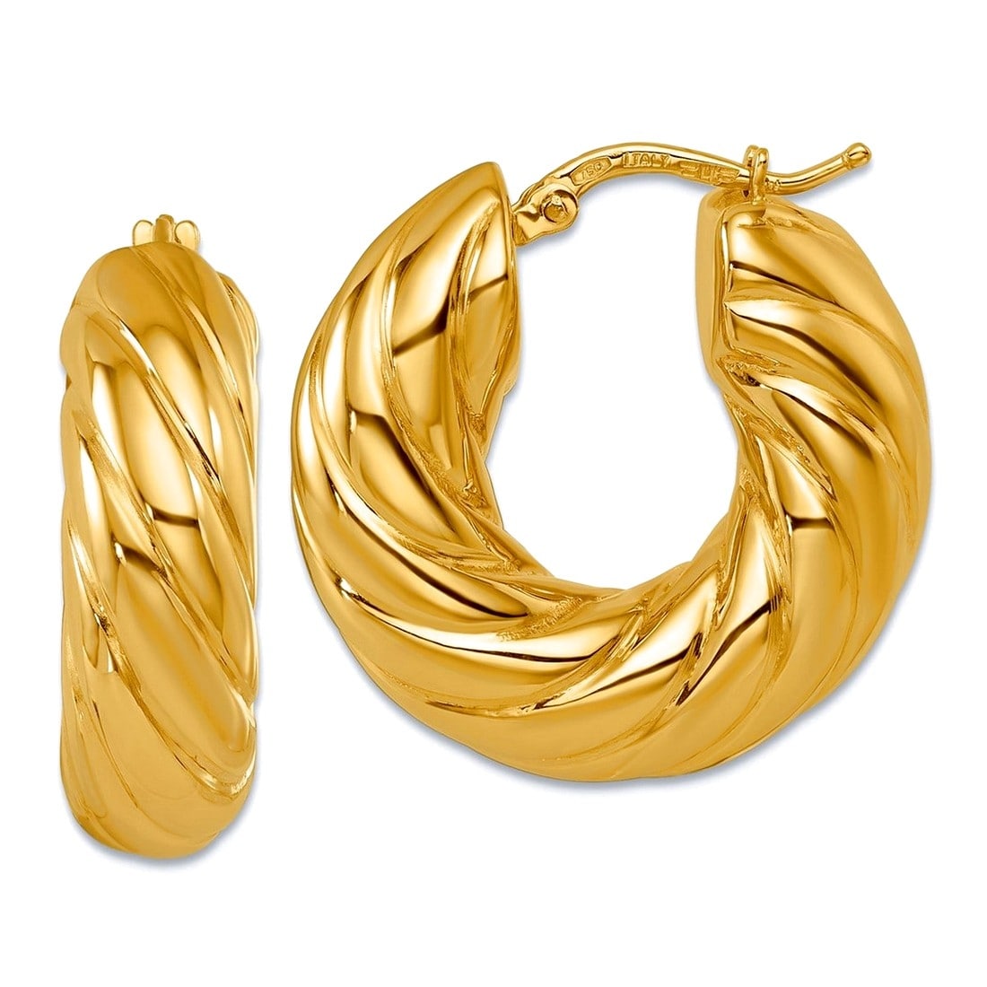 Curata Solid 18K Yellow Gold 25X7.6Mm Puffed Twisted Hoop Earrings