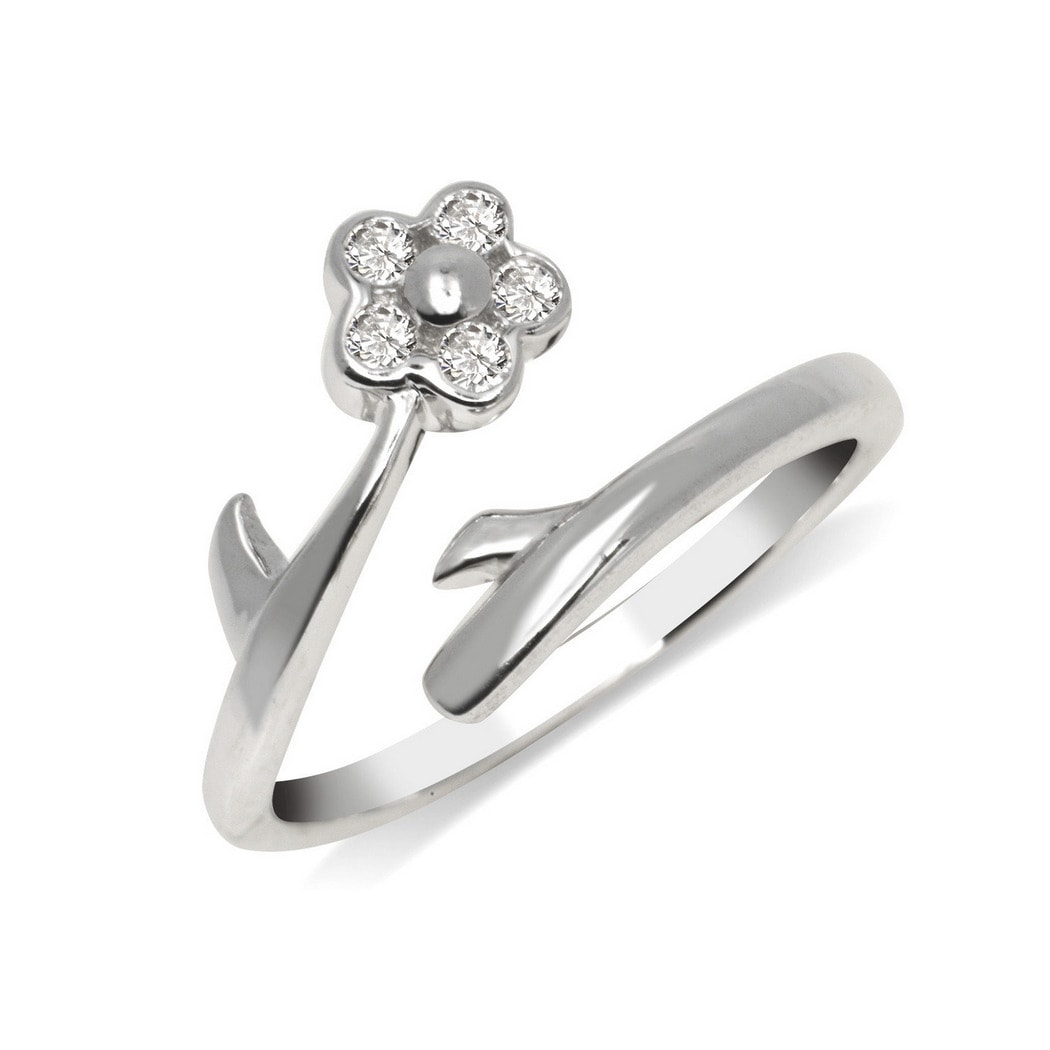 Curata Solid 925 Sterling Silver Flower Bypass Adjustable Cubic Zirconia Toe Ring 8Mmx15Mm