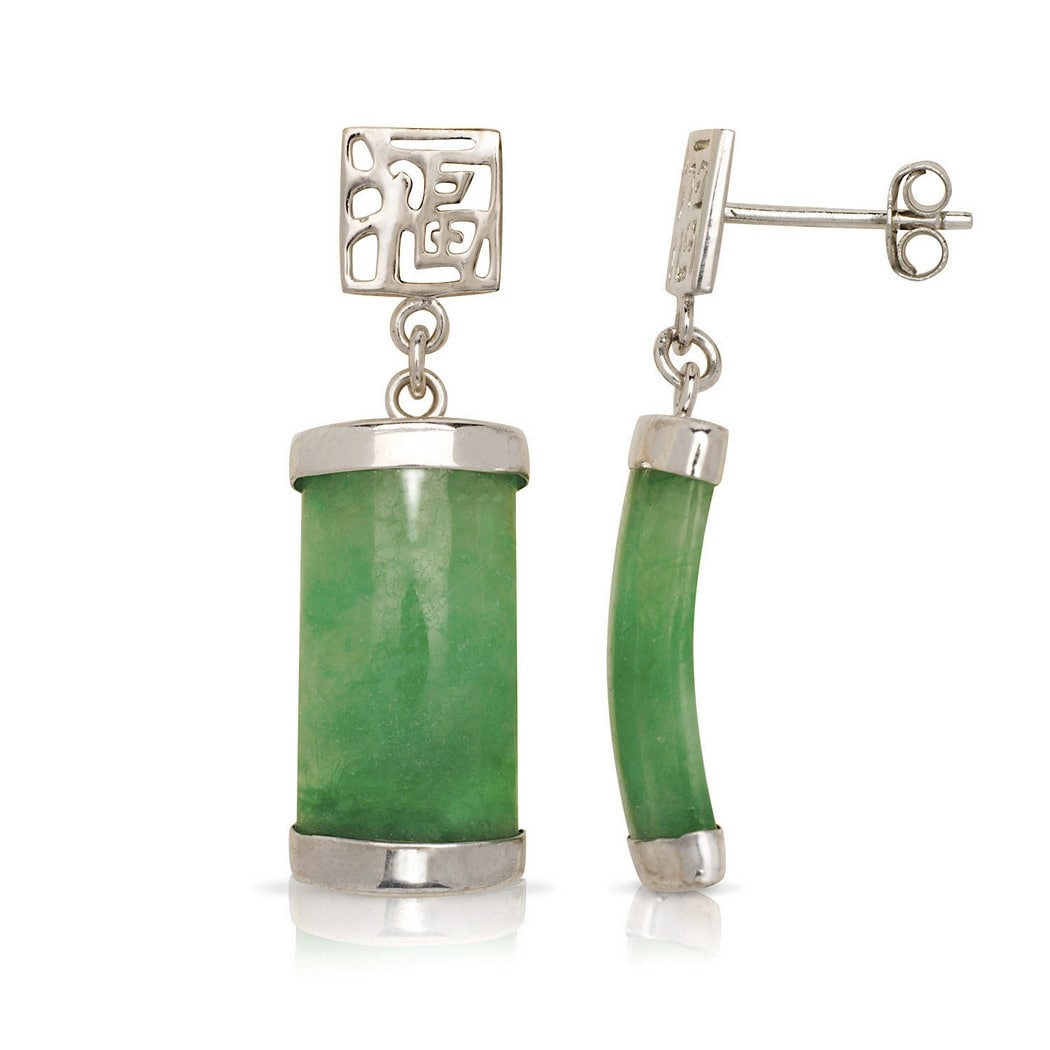 Curata Sterling Silver Rhodium Segment Green Jade Drop Dangle Asian Script Earrings 8Mm X 30Mm