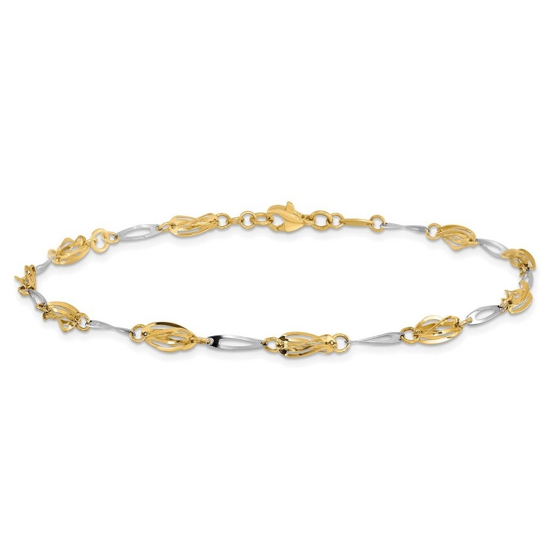 Curata Womens Italian 14K Two Tone Gold Polished Fancy Link Anklet 10 Inch
