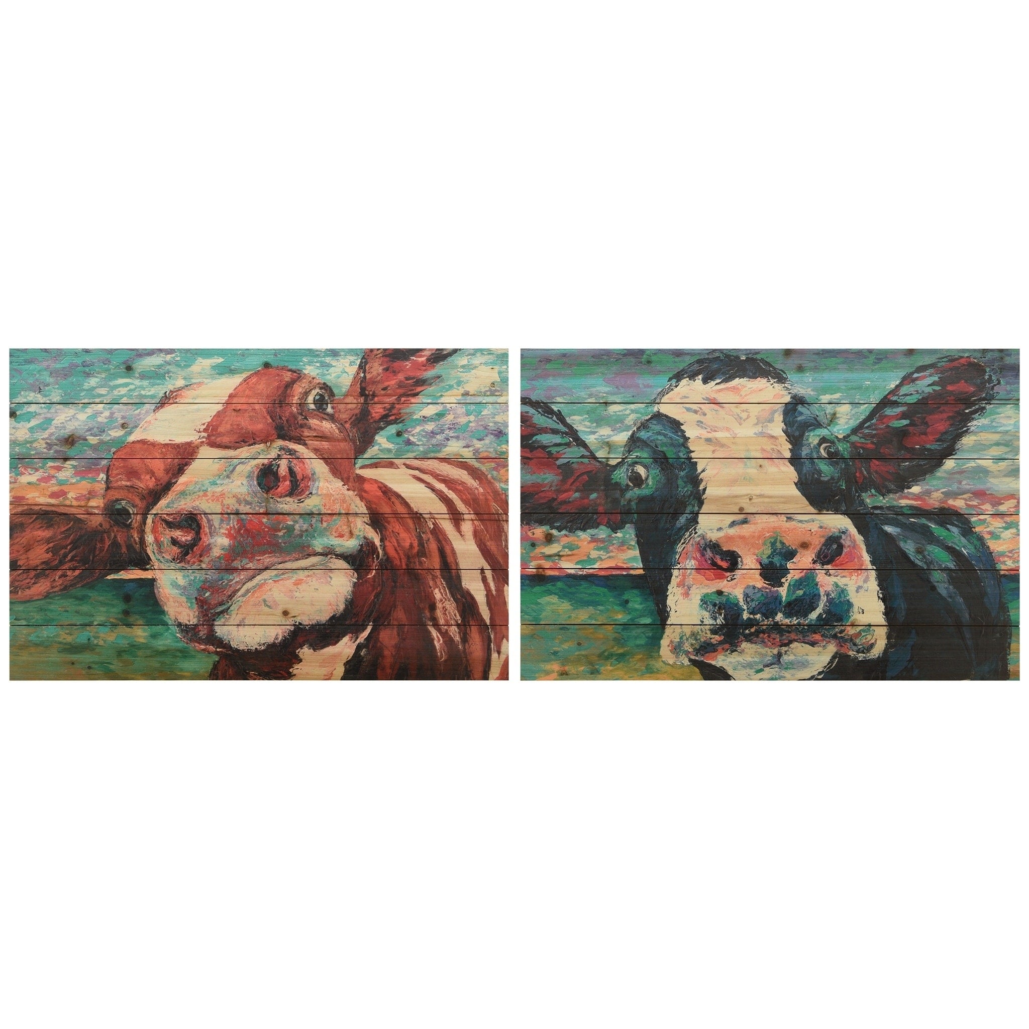 Curiuos Cow 1 2 Wood Wall Art Giclee Printed On Solid Fir Wood Planks Multi Color