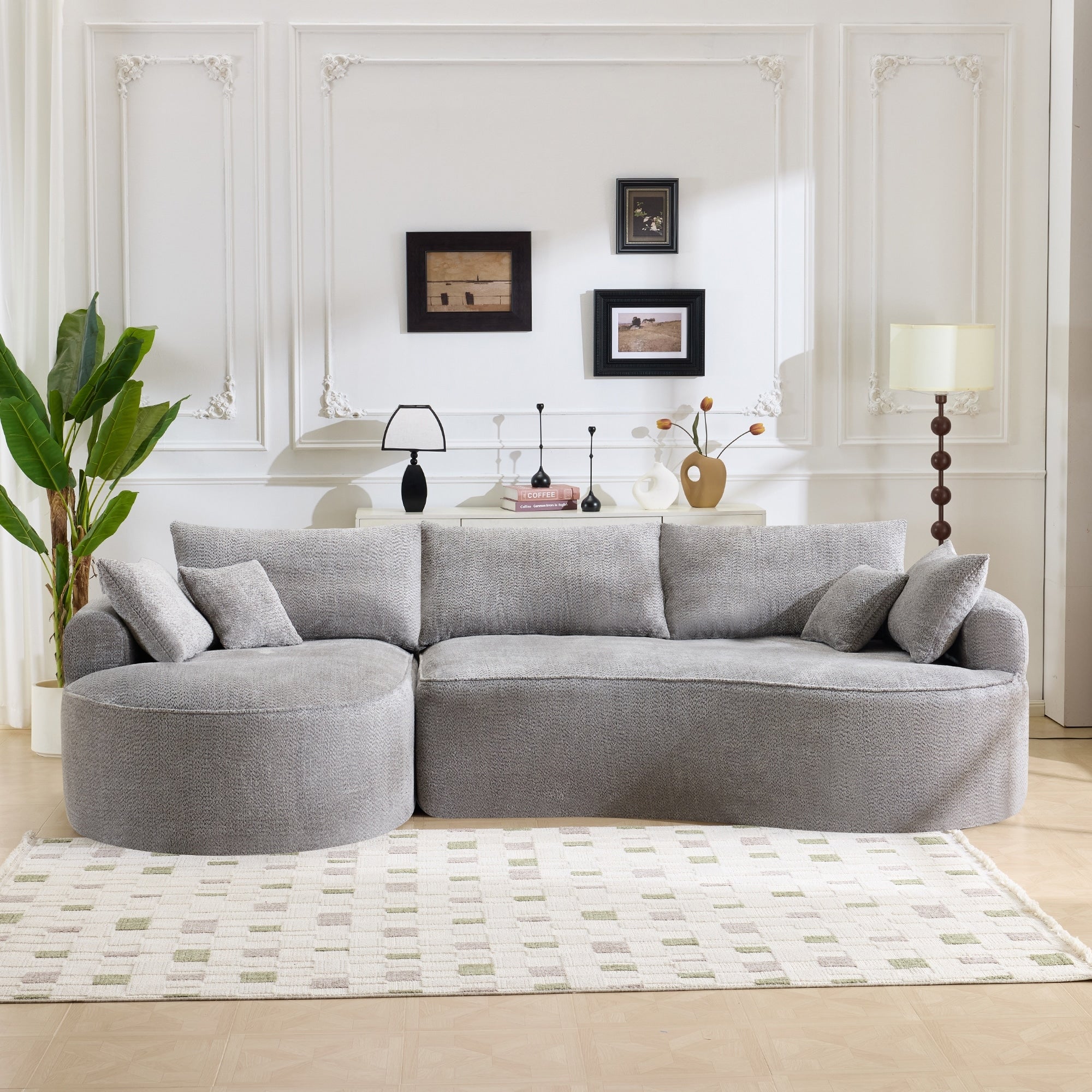 Curved Chenille Sectional Sofa Boneless Sofa Leisure Couch For Living Room Grey