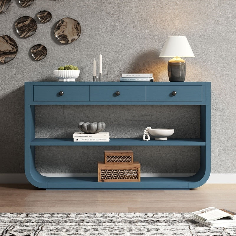 Curved Console Table With 3 Soft Close Drawers And 2 Open Shelves Solid Wood Base For Living Room Hallway