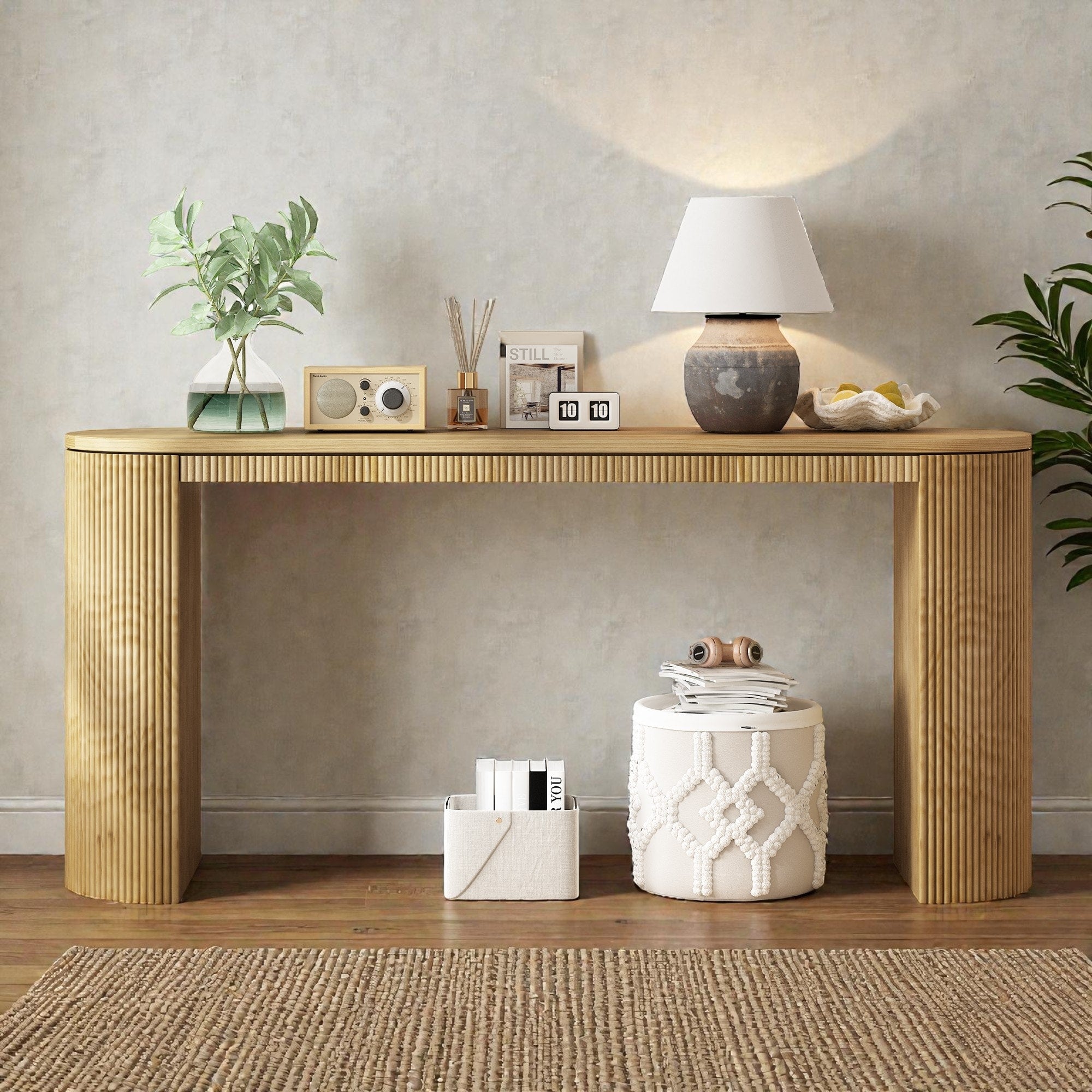 Curved Console Table With Vertical Stripe Design Modern Entryway Table For Living Room Study