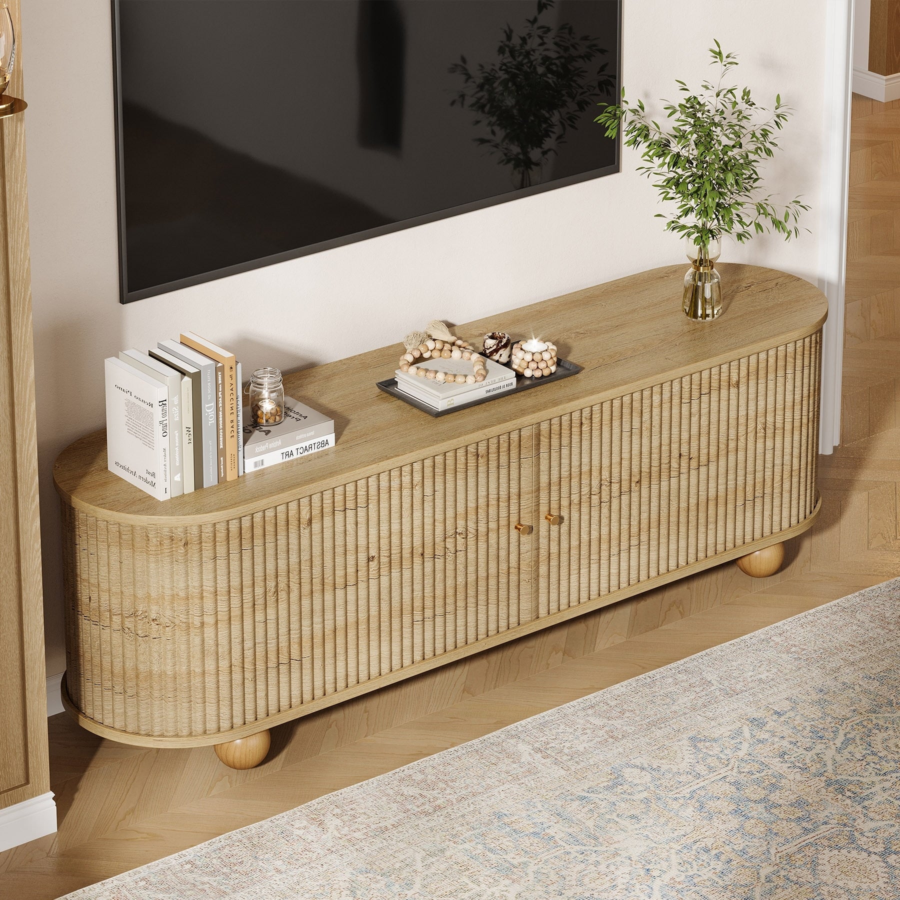 Curved Fluted Wooden Tv Stand Boho Style Entertainment Center With Storage