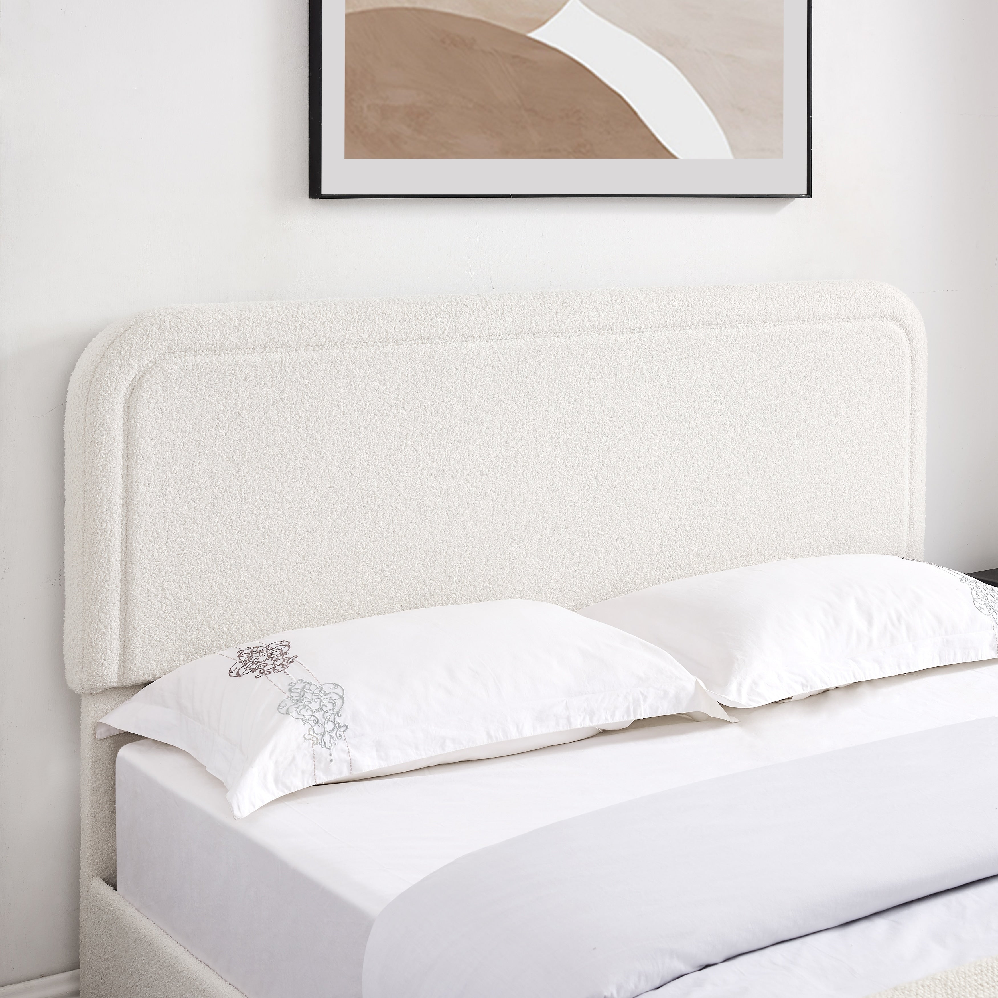 Curved Stitched Tufted Queen Ivory Boucle Storage Bed