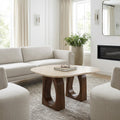 Curved Stone Top Coffee Table With Wooden Open Base 30 Tan Brown 29.5