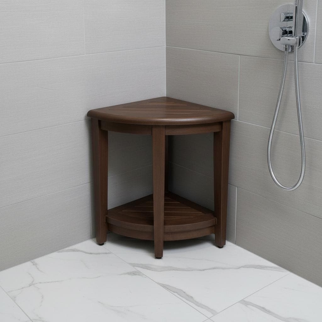 Curvilinear Dark Brown Teak 18 Corner Shower Bench With Shelf