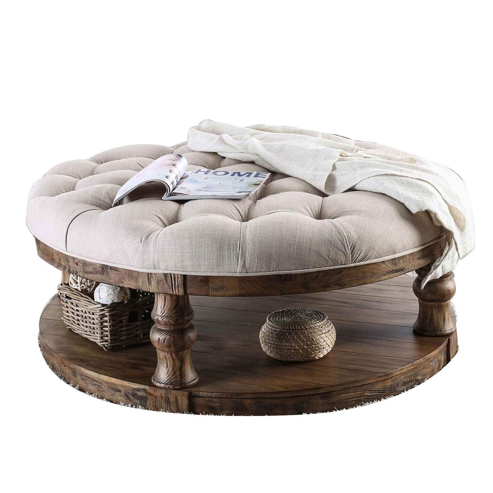 Cushioned Top Wooden Coffee Table With Bottom Shelf Brown And Beige