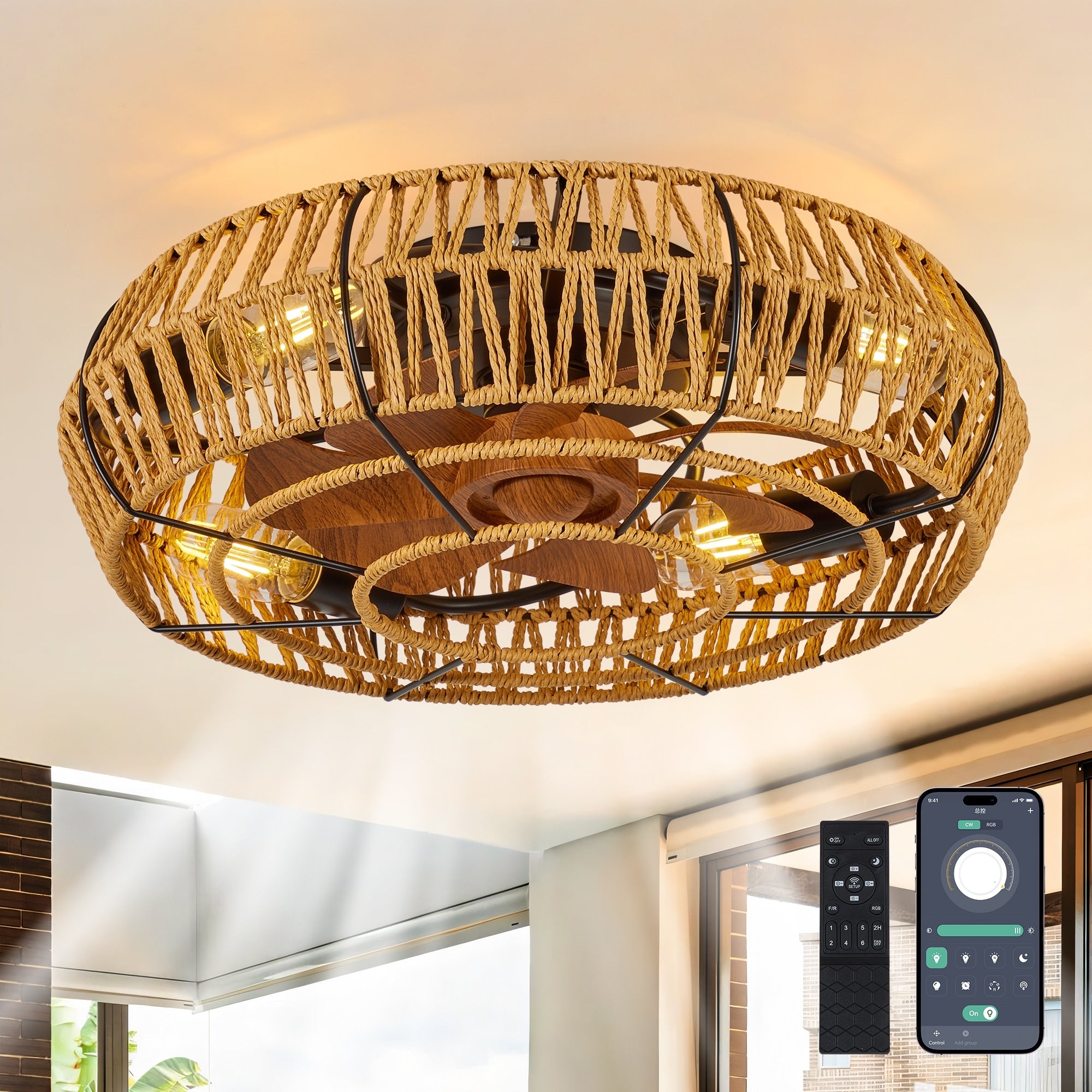 Cusp Barn 19 Boho Flush Mount Caged Ceiling Fans With Lights And Remote Farmhouse Hemp Rope 6 Speeds Reversible Ceiling Fan
