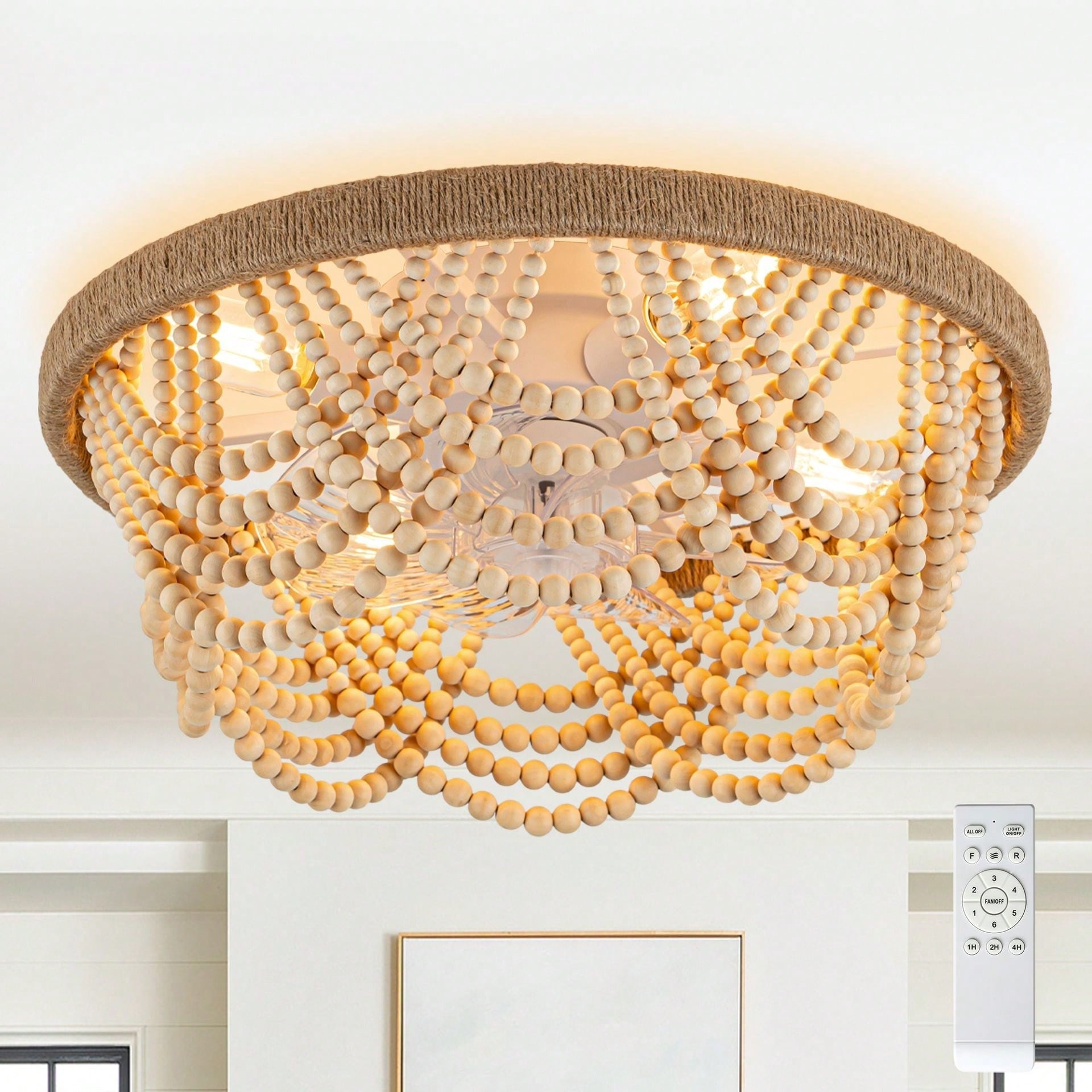 Cusp Barn 20 Boho Caged Ceiling Fan With Light And Remote Flush Mount Low Profile Fandelier Famhouse Wood Beaded Ceiling Fan
