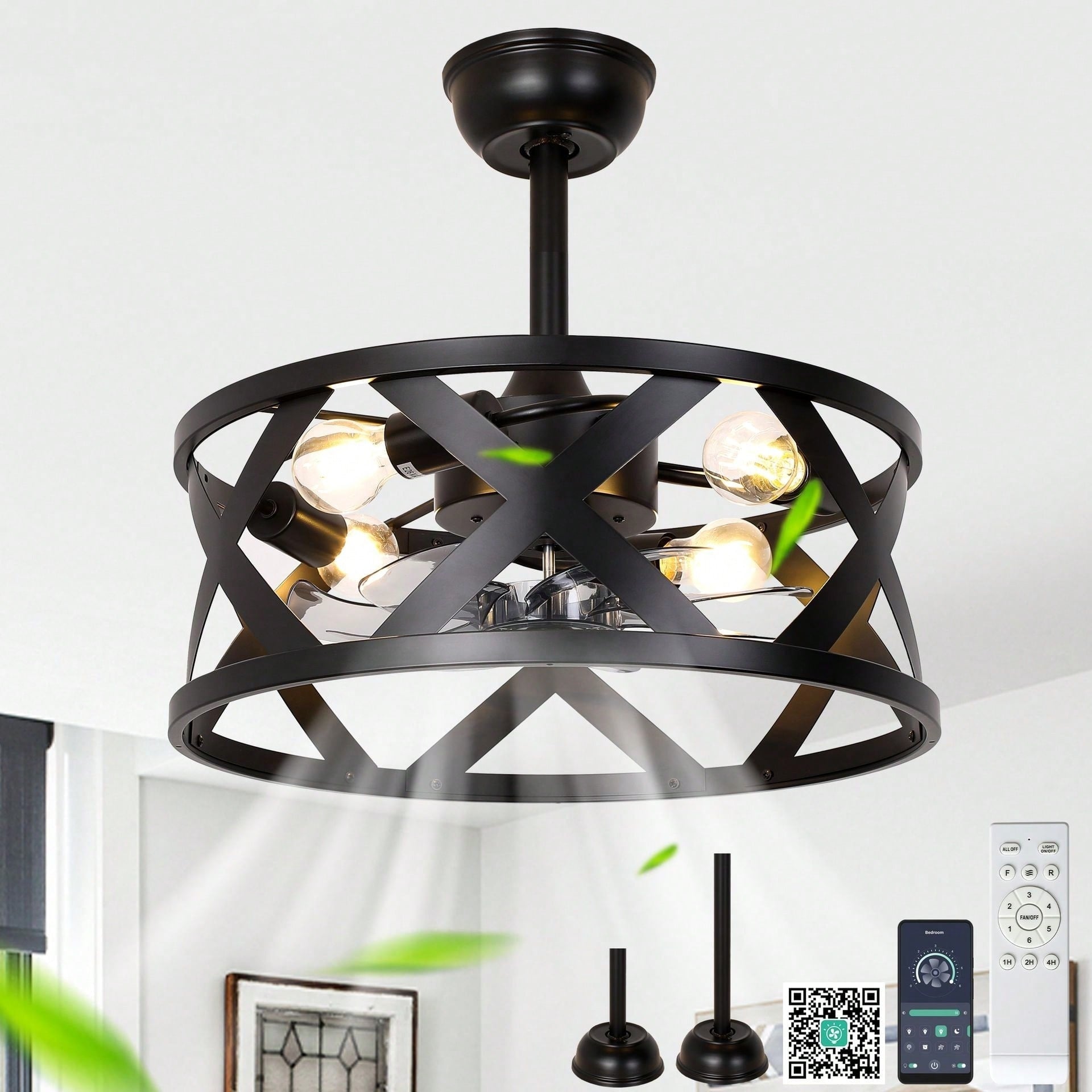 Cusp Barn 20 Farmhouse Caged Ceiling Fan With Lights And Remote Industrial Black Fandelier 6 Speed Quiet Dc Motor Ceiling Fan