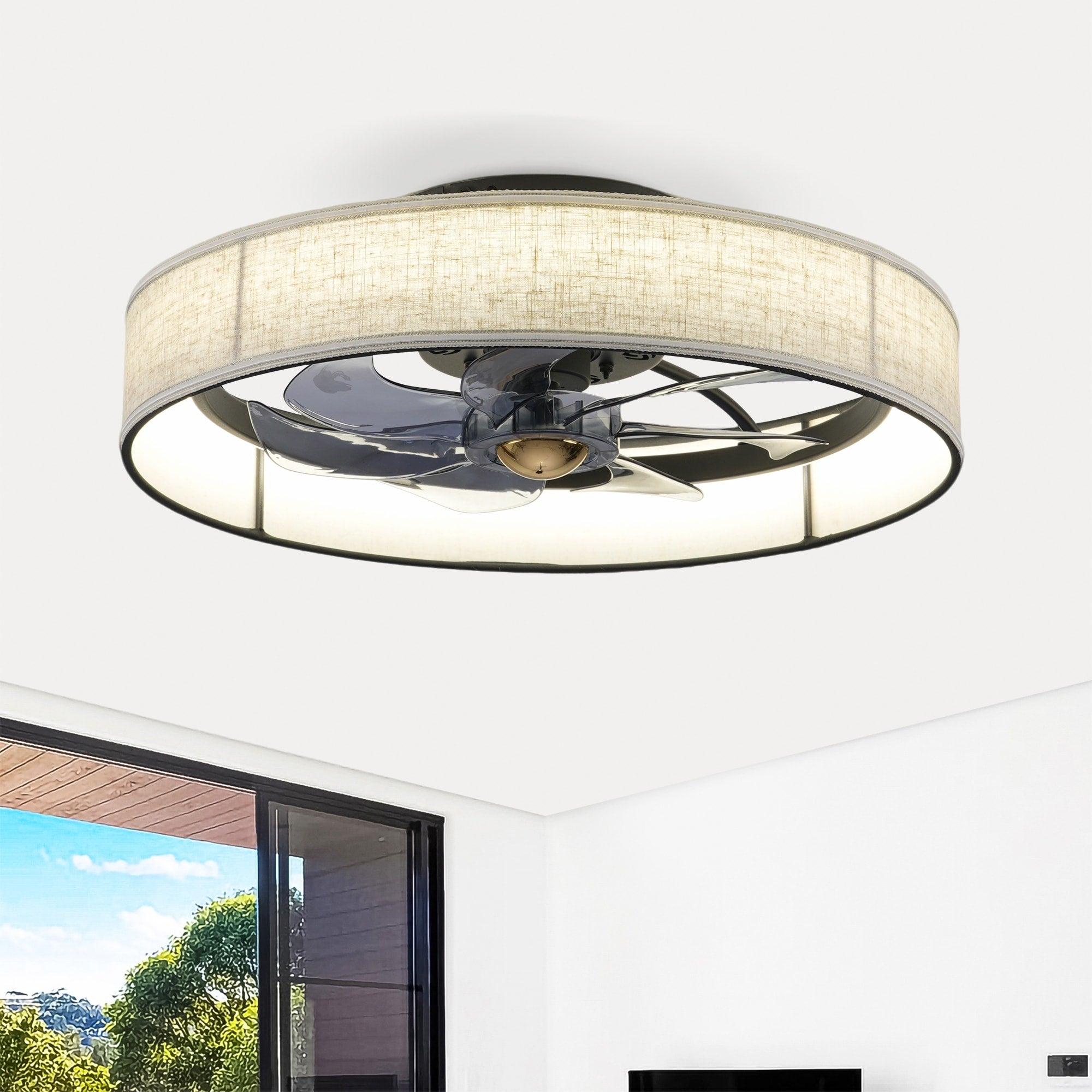 Cusp Barn 20 Farmhouse Flush Mount Ceiling Fan With Light Quiet Dc Motor Fabric Shade Fandelier Ceiling Fan For Living Room