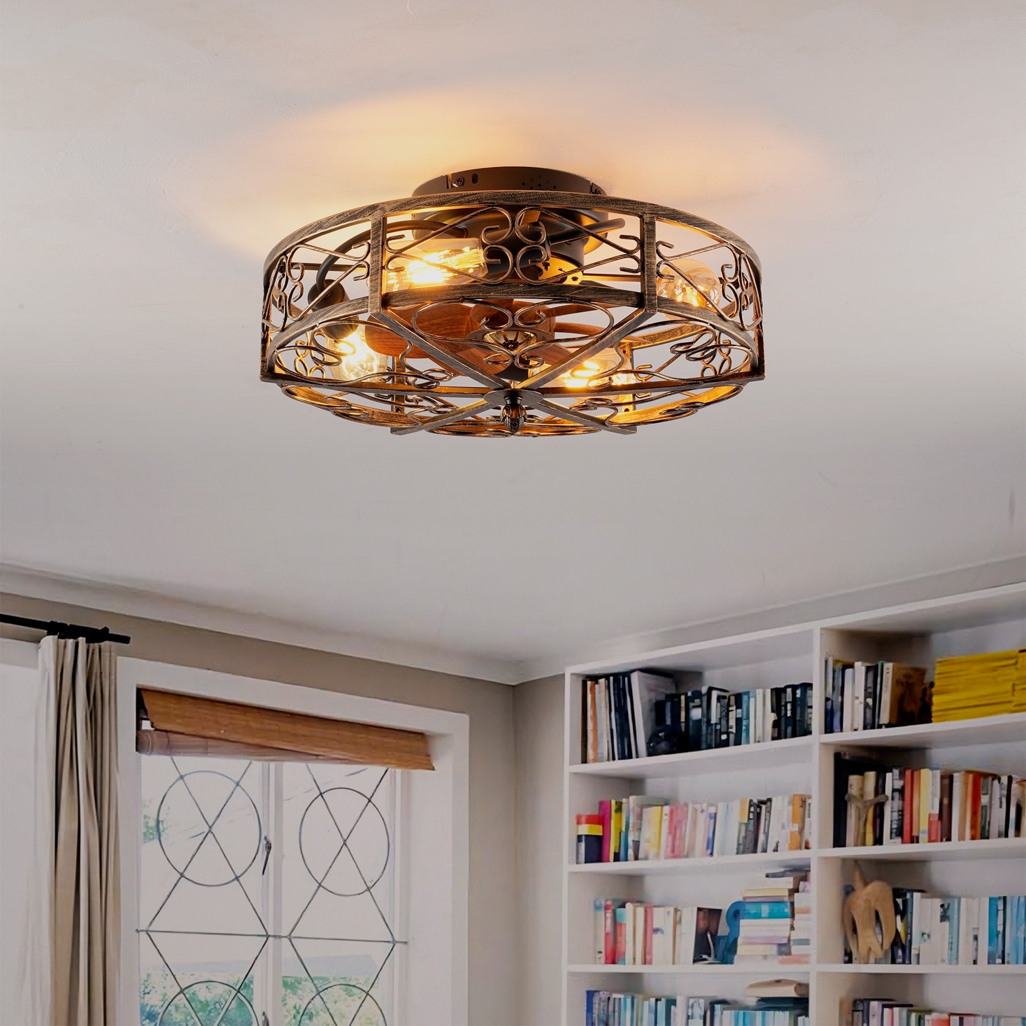 Cusp Barn 20 Industrial Flush Mount Ceiling Fan With Lights And Remote Rustic Reversible Dc Motor 6 Speeds Caged Ceiling Fan