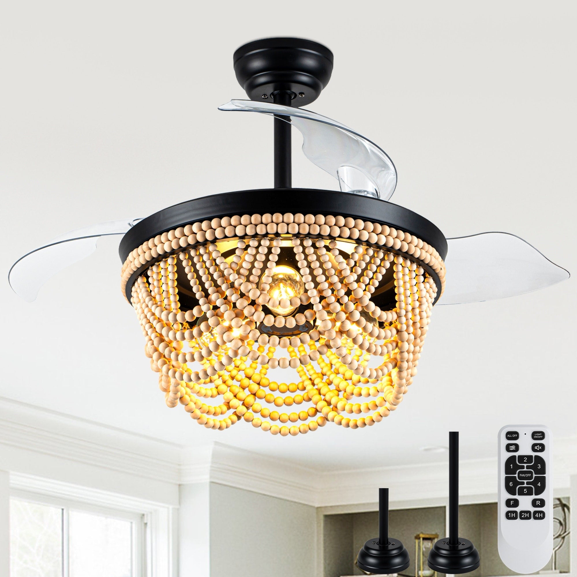 Cusp Barn 42 Boho Retractable Ceiling Fan With Light Farmhouse Wood Beaded Fandelier 6 Speeds Reversible Dc Motor Ceiling Fan