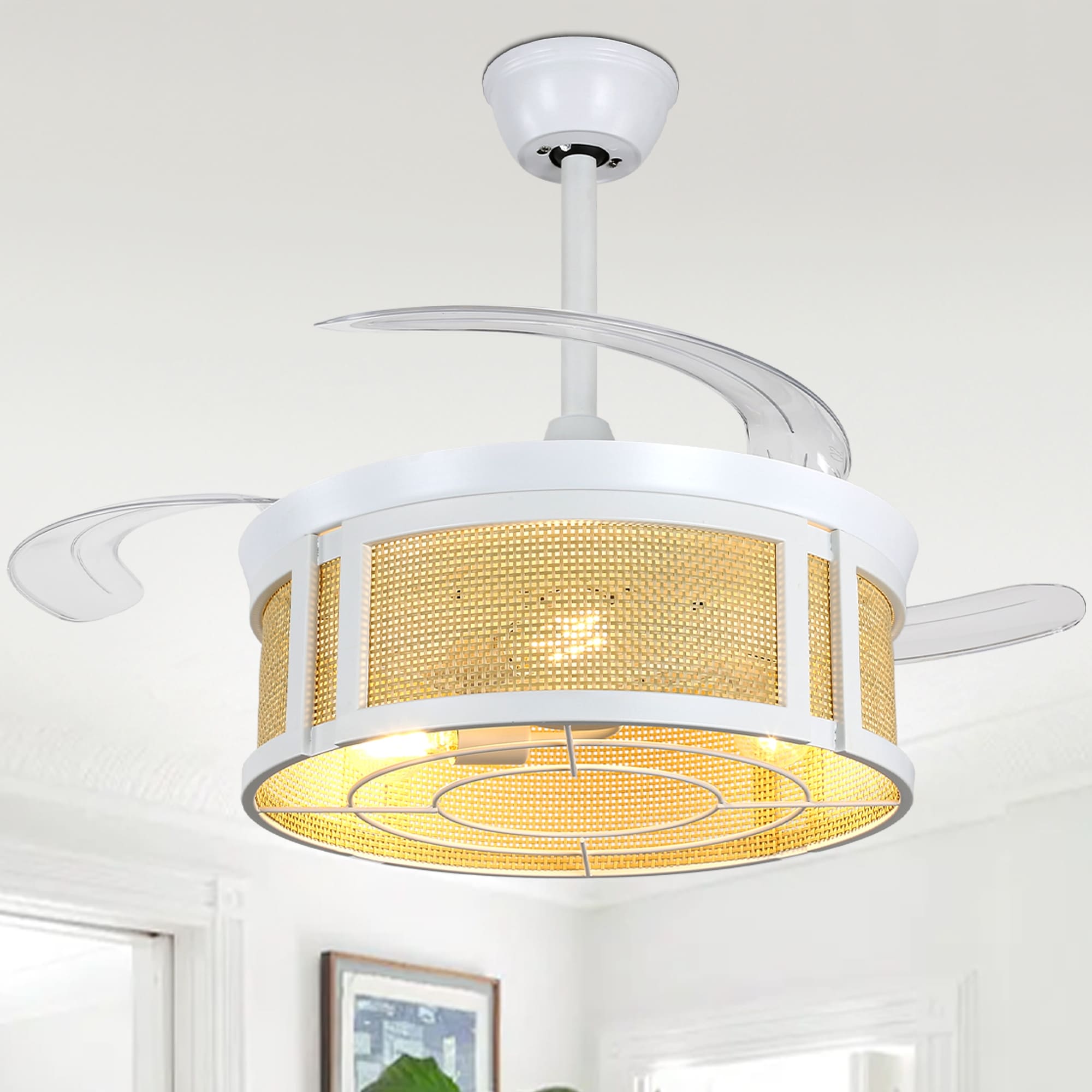 Cusp Barn 42 Retractable Ceiling Fan With Lights And Remote Boho Rattan Fandelier Farmhouse Caged Chandelier Ceiling Fan