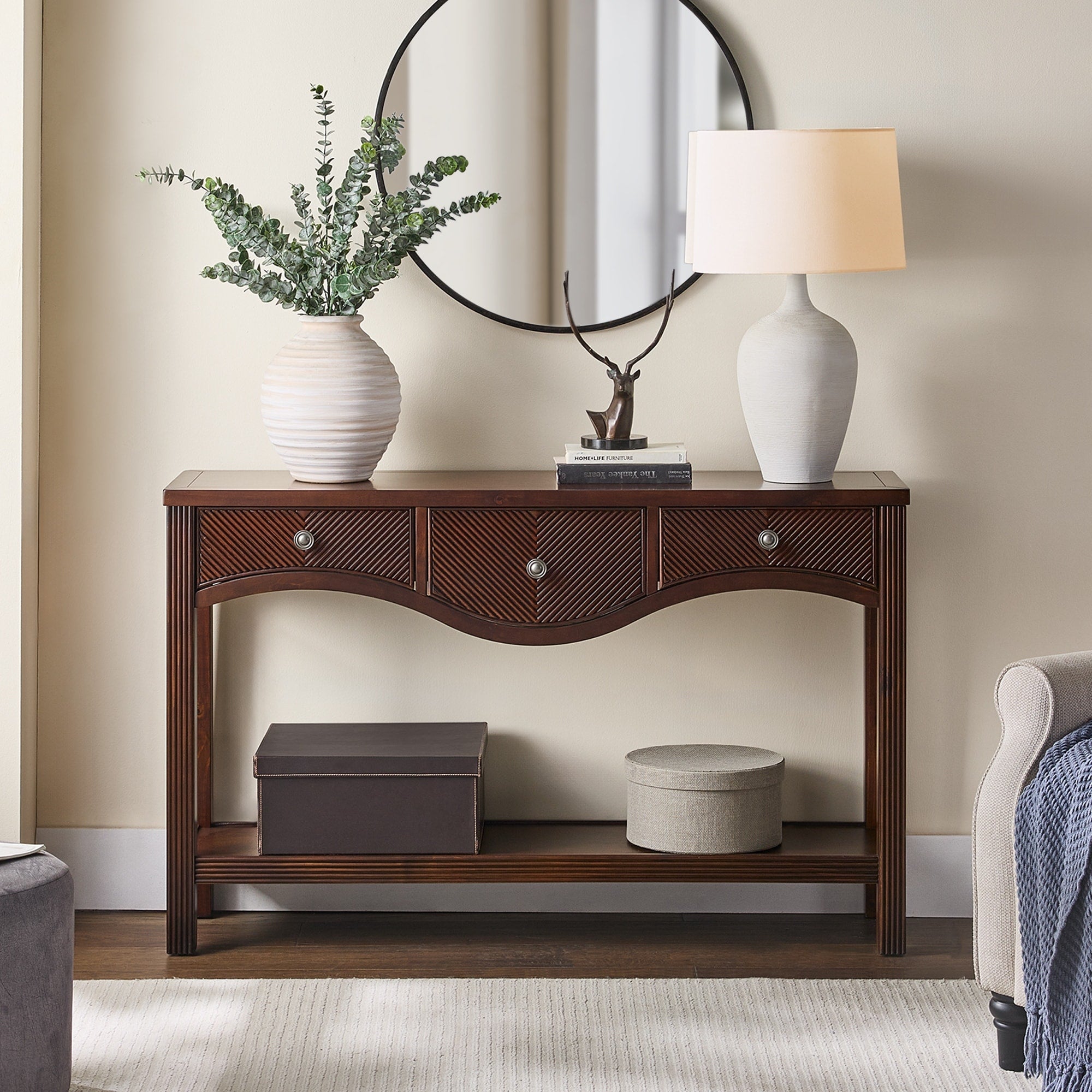 Cusp Barn 52 Fluted Wood Console Table With 3 Drawers Rectangular Sofa Table Retro Entryway Table With Scalloped Edge
