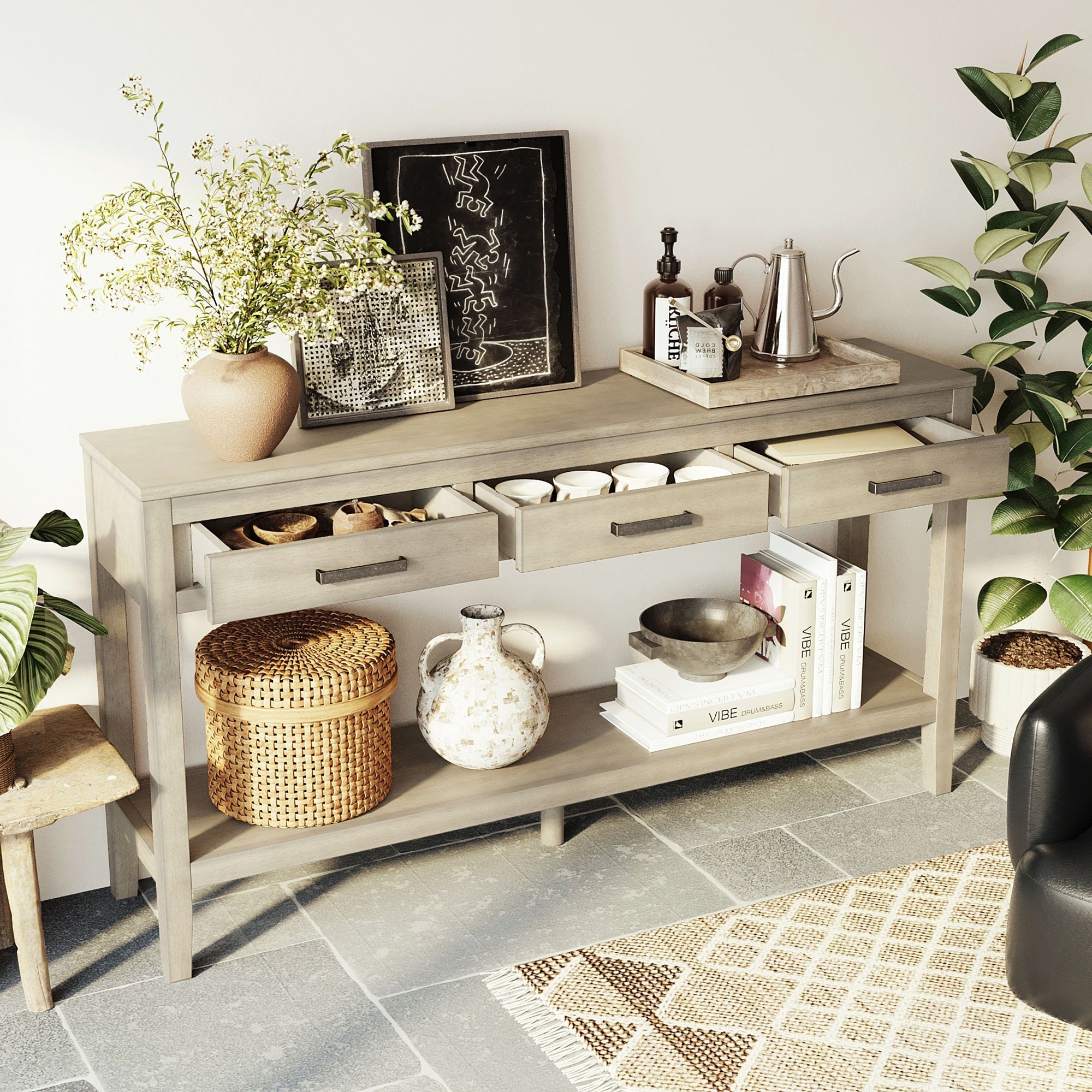 Cusp Barn Farmhouse Entryway Table With Storage Drawers And Open Shelf For Home Organization And Decor