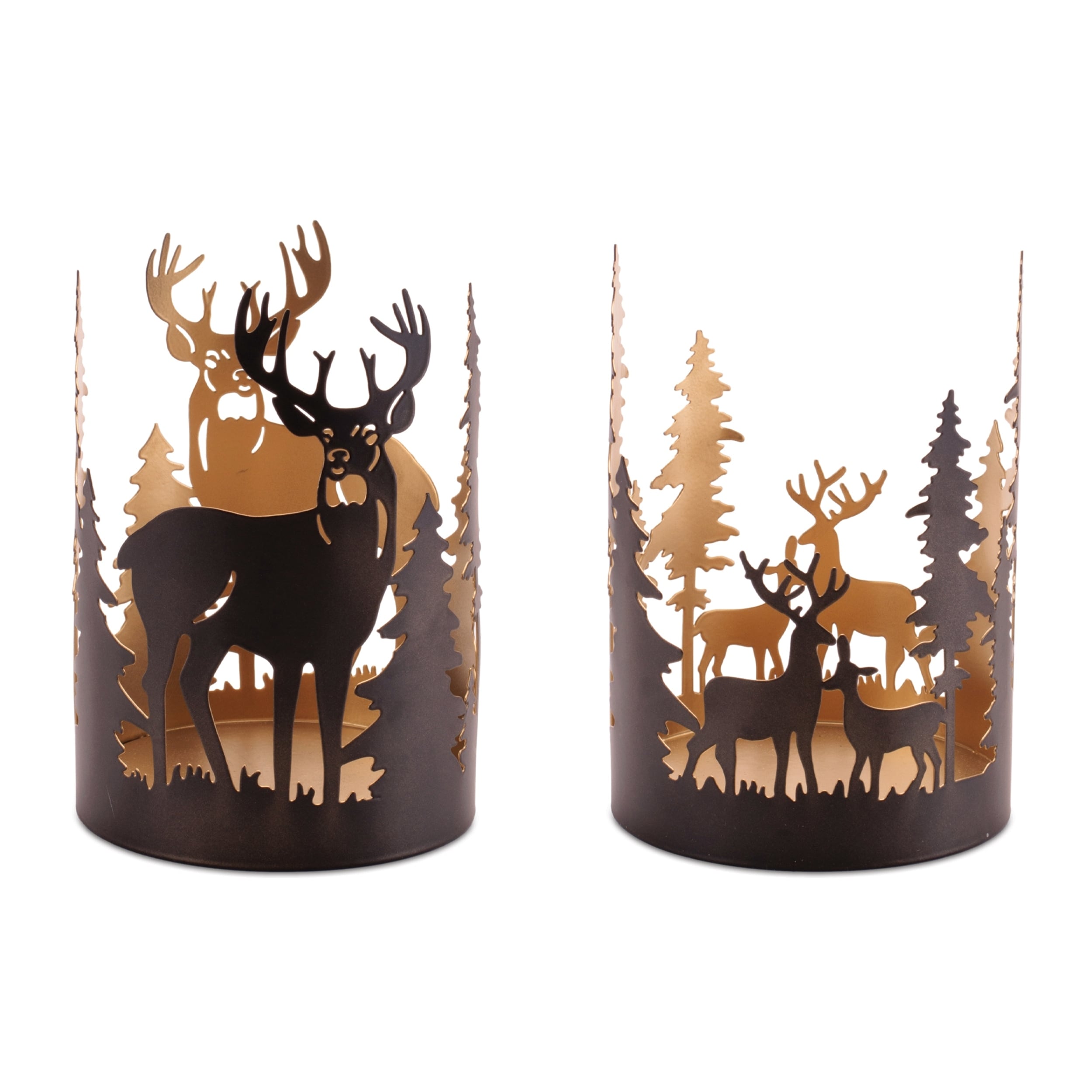 Cut Metal Deer And Forest Candle Holder Set Of 2